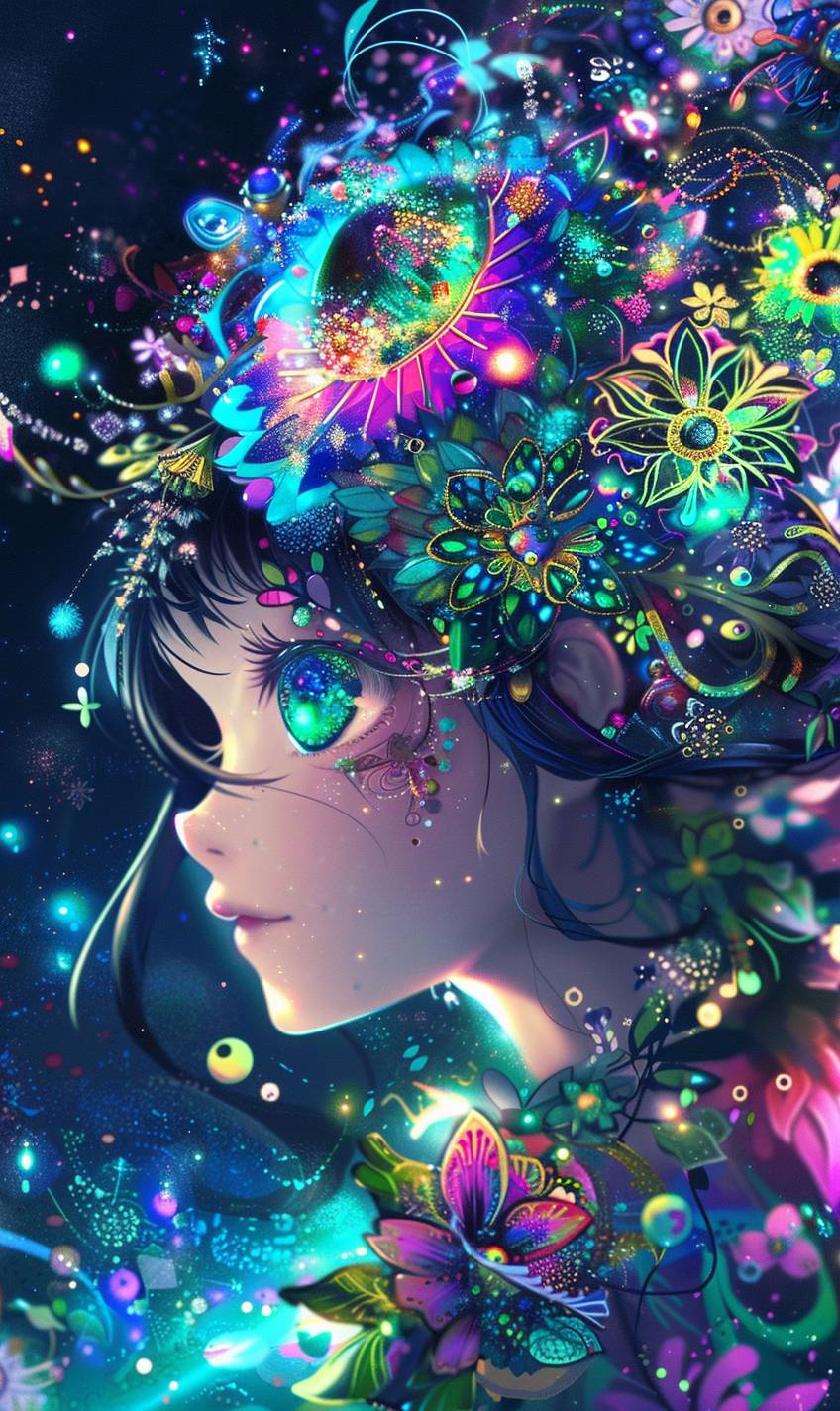 Anime studio Ghibli, cute cosmic goddess, glowing eyes, iridescent, hypnotic, ultra-detailed, waist-up, maximalist