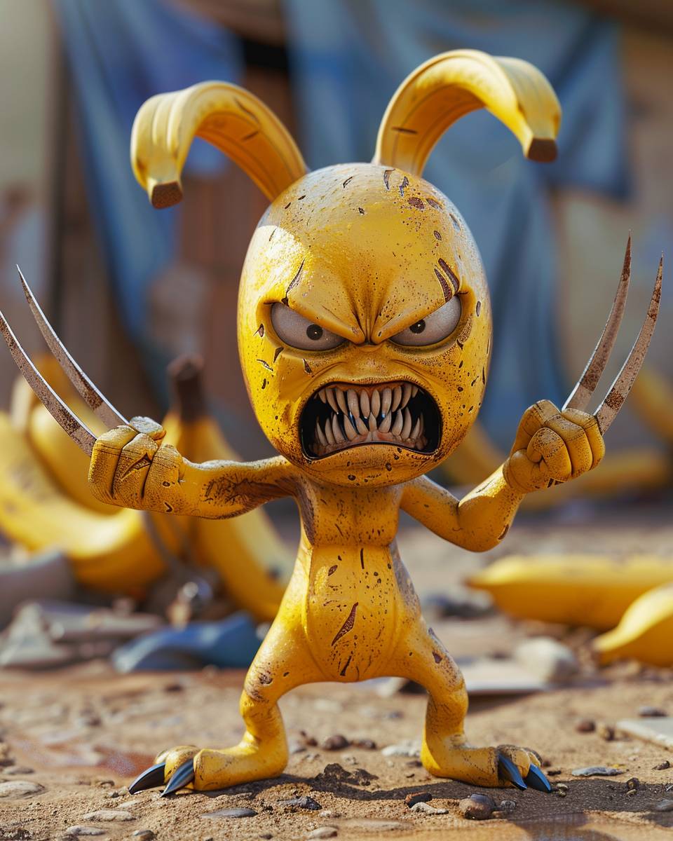 3D graphic of Peely with Wolverine claws, Fortnite style art, post-apocalyptic banana farm scene, amazing details, angry pose, roaring, symmetrical