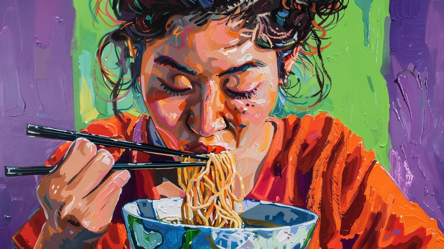 A woman is eating a bowl of ramen with Chinese chopsticks, with noodles in her mouth. The tablecloth is green and purple striped, in the style of Henri Matisse, with bright colors and a textured gouache technique.