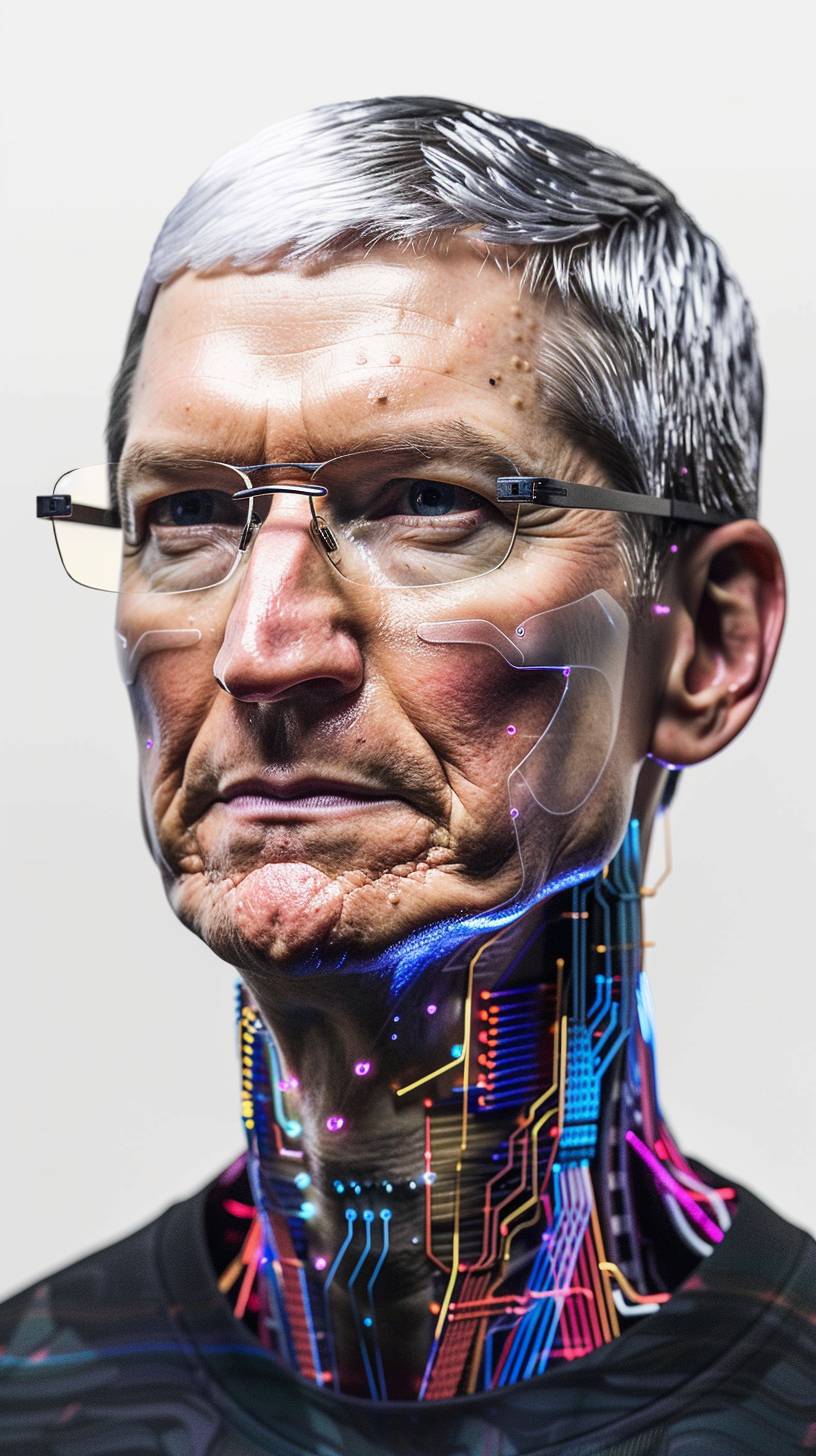 Tim Cook is an artificial intelligence super robot with a white background