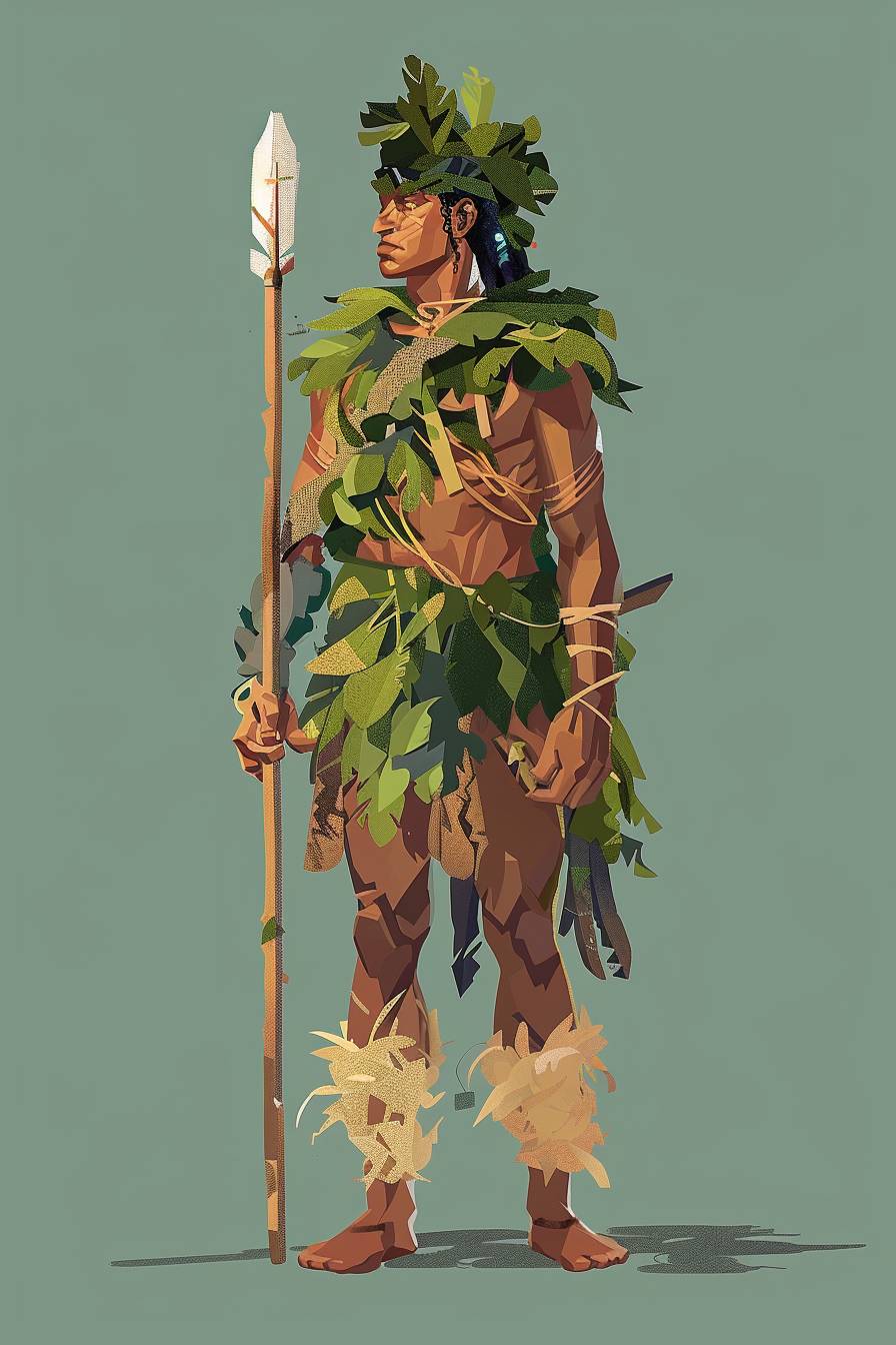 Warrior character in style of David Hockney, full body, flat color illustration