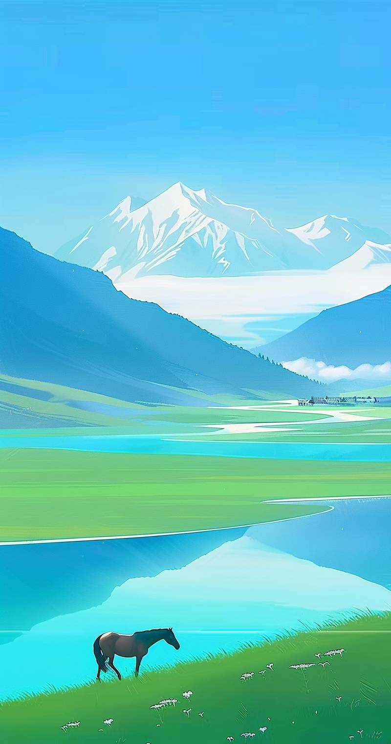 In the spring, there is green grass on both sides of the river with snowcapped mountains in the distance and a clear blue sky. A horse walks alone by the lake, surrounded by vast meadows and distant villages. The flat illustration style creates an atmosphere full of vitality. It uses bright colors to highlight fresh natural scenery. In closeup shots, you can see that it presents delicate lines and soft lighting effects. This scene seems like a picture drawn from nature itself, in the style of nature itself.