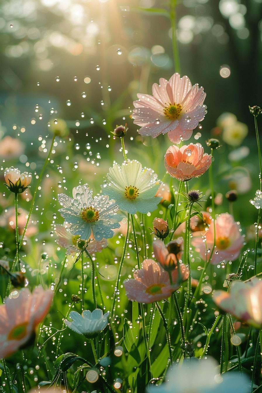 春の朝、豪雨後、モネの庭園に咲く1000輪の透明な野の花をリアルシーン撮影しました。透明な花びらには澄みきった露水、リアリティのある花には澄んだ水玉がある。花々を通じて色とりどりでロマンチックな光芒が漂っている。モネ庭園のスタイルは魔法のようで美しく、夢のようです。高精細撮影は宮崎駿監督によるもので、HD --ar 2:3 --stylize 250 --v 6.0