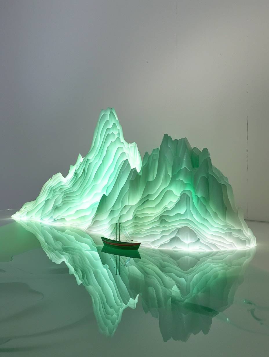 In the museum, a glowing 3D mountain-shaped undulating green silk artwork stands on the water, with the mountain reflected in the water, and a tiny boat on a white background. The work features soft tones and dreamy elements that exude cool tones. It has an artist's lightness and elegance.