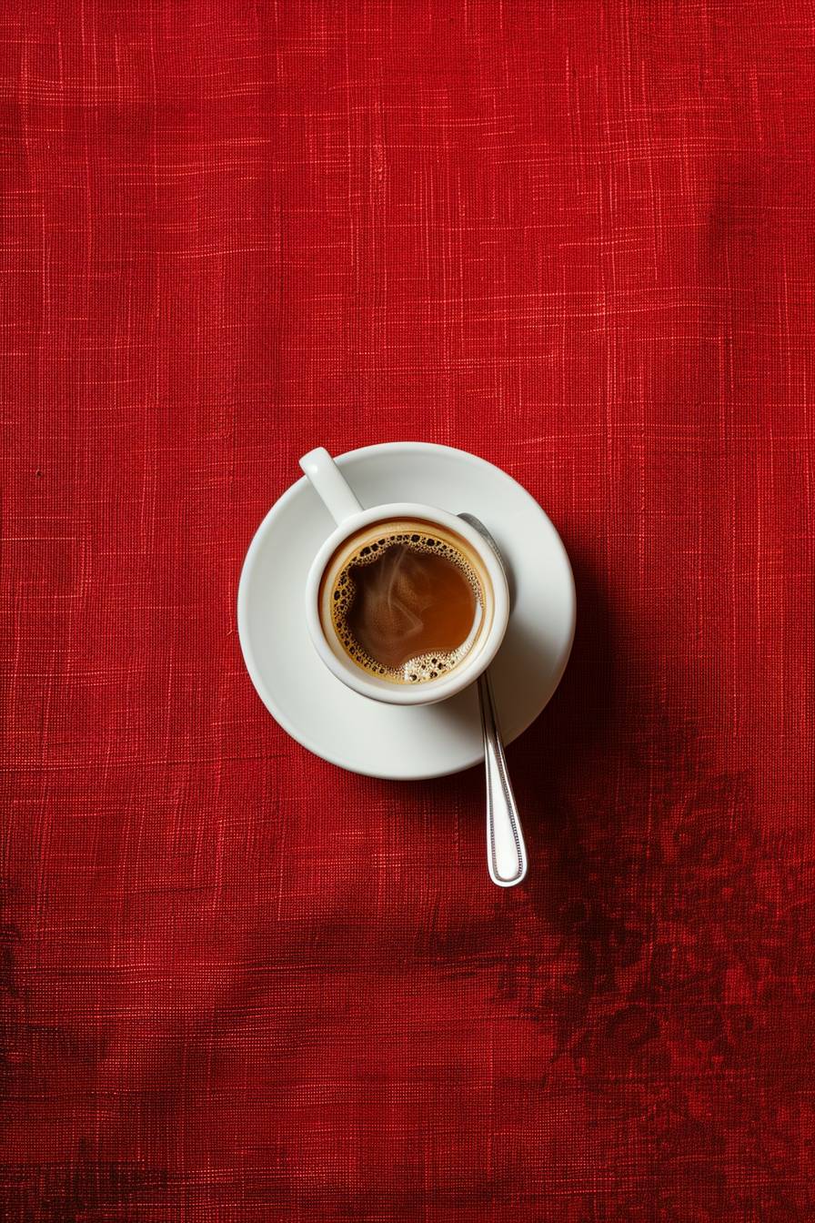 Espresso cup with spoon in saucer, Wes Anderson style, hyper-realistic photo, camera flash, minimal, kitsch, bird's eye view, overhead perspective photo, eye level, 4k