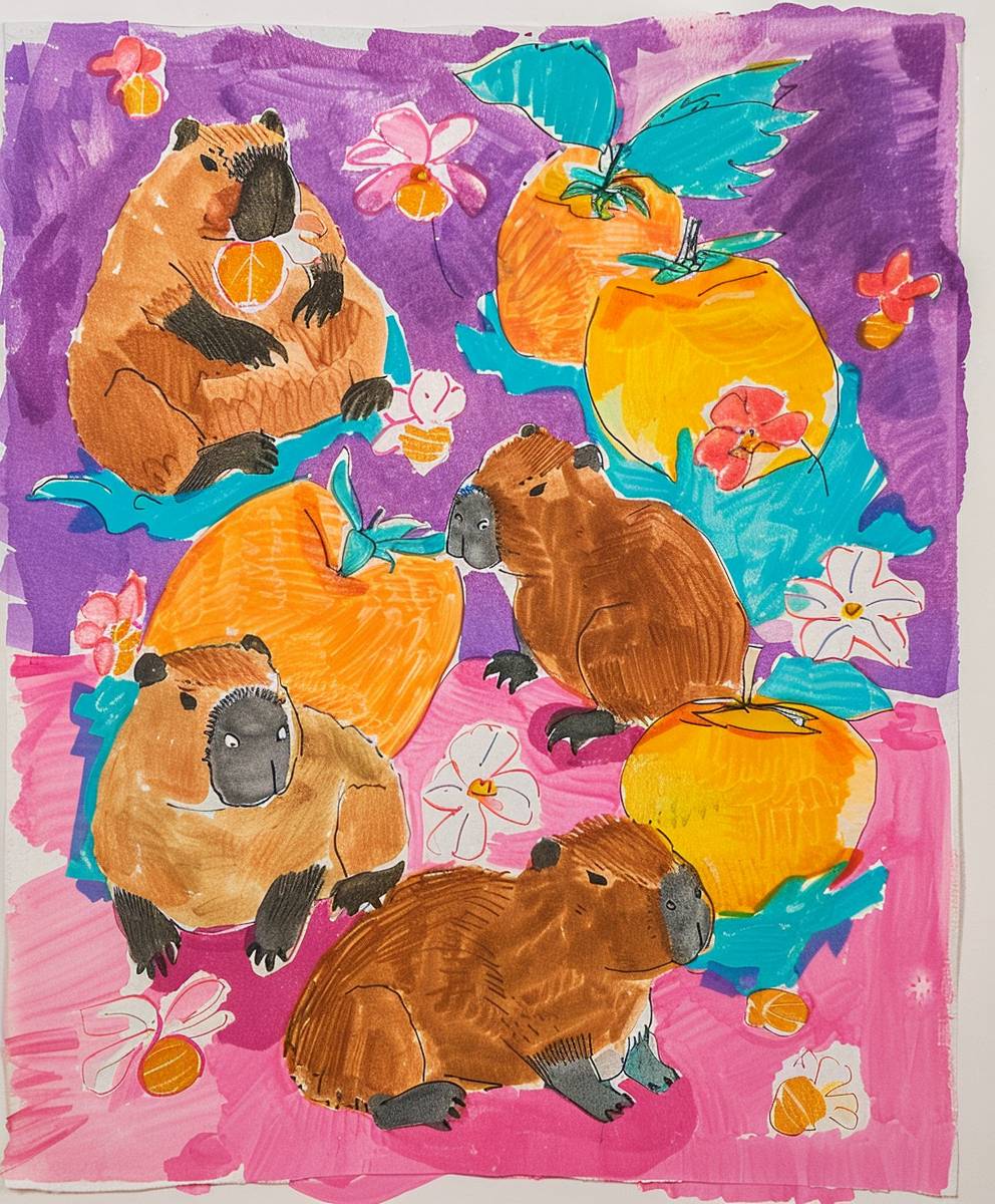 子供の絵。色鮮やかなカラーで地面に座っているカピバラが描かれています。いくつかのカピバラは果物を食べていて、他のカピバラには周りに花があります。彼らは幸せで満ち足りて見えます。背景色は紫、ピンク、青で、大きな黄色いオレンジが2つあります。上には茶色の線で描かれた横たわるカピバラが1匹います。8歳の女の子のスタイルで描いたように見えます。絵の周囲には白い紙の枠線があります。