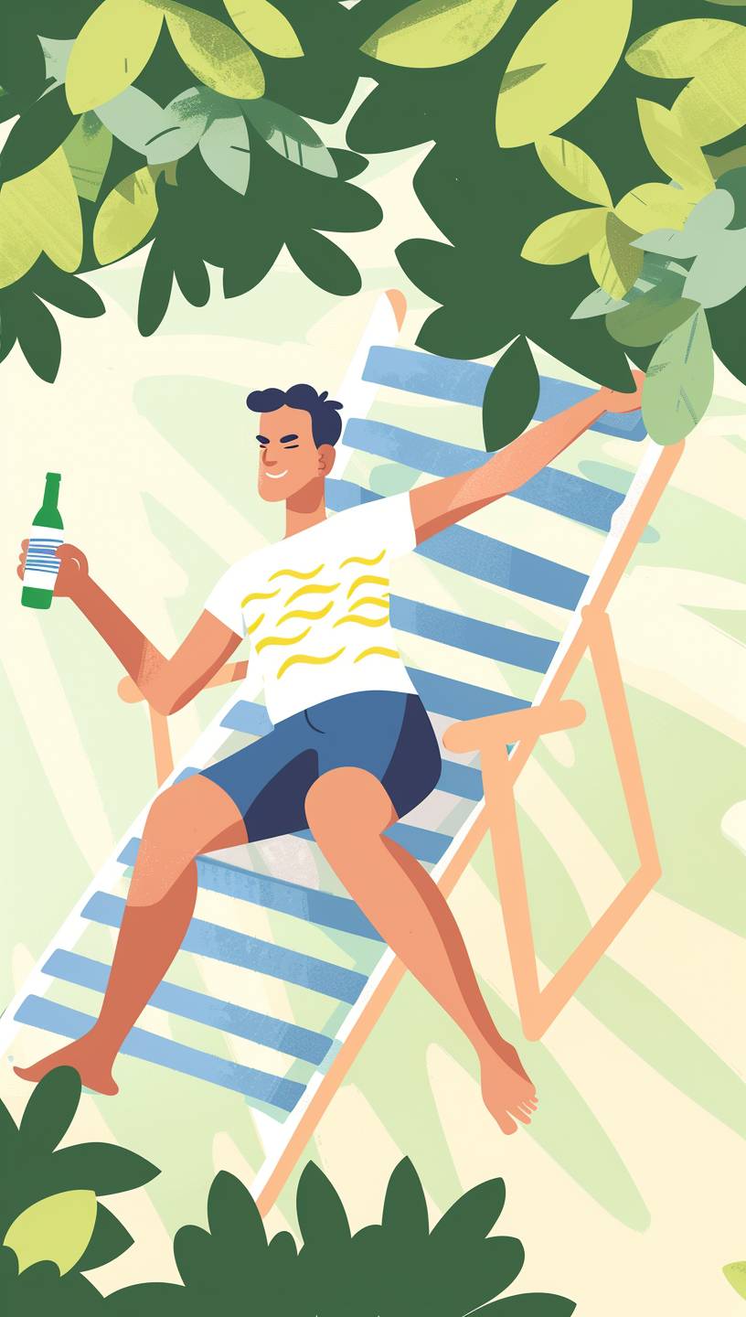 ハンサムで細身の男性が木陰のデッキチェアに横たわり、手には飲み物のボトルを持ってリラックスしています。鳥瞰図によると、背景には緑の木々が並び、太陽がまぶしく輝いており、夏を感じさせる雰囲気を醸し出しています。シンプルな線、鮮やかな色彩、フラットなスタイルのカートゥーンキャラクターが特徴です。