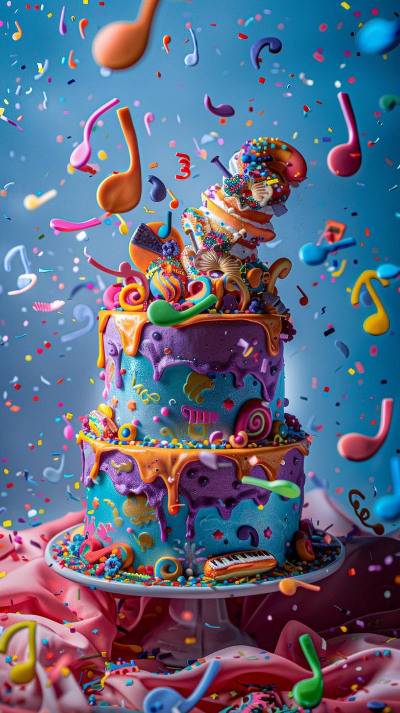 Gourmet Magazine Cover Shot, extreme detail, UHD photography, vibrant colors, elaborately staged food photograph of a modern, extravagant Lambeth cake with three layers. Musically themed Cake with decorative elements representing brightly colored musical instruments. Bright background with musical notes floating in the air.