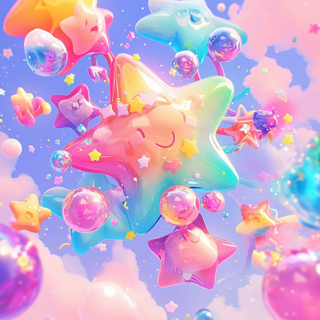 Star Art Group (Stars), Surreal Pop, Candy Core, Eve Bunchu, Shiny/Glossy, Soft Focus, in the style of rendered in cinema4d, party kei, salon kei, y2k, Hallyu rendering style Star Art Group (Stars), Surreal Pop, Candy Core, Eve Bunchu, Shiny/Glossy, Soft Focus, rendered in Cinema4d, party kei, salon kei, y2k, in the aspect ratio of 2:3 --niji 6
