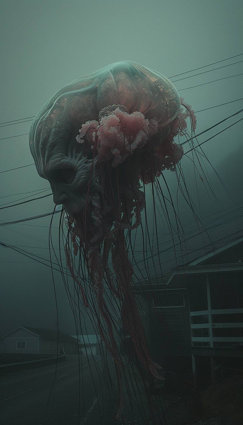 A hyperrealistic bizarre photo of a jellyfish-human hybrid, with long tentacles, a human head stuck on a jellyfish, floating in mid air, looking angry, with an ominous and misty vibe, in a coastal town, a dark horrorscape, 8k resolution
