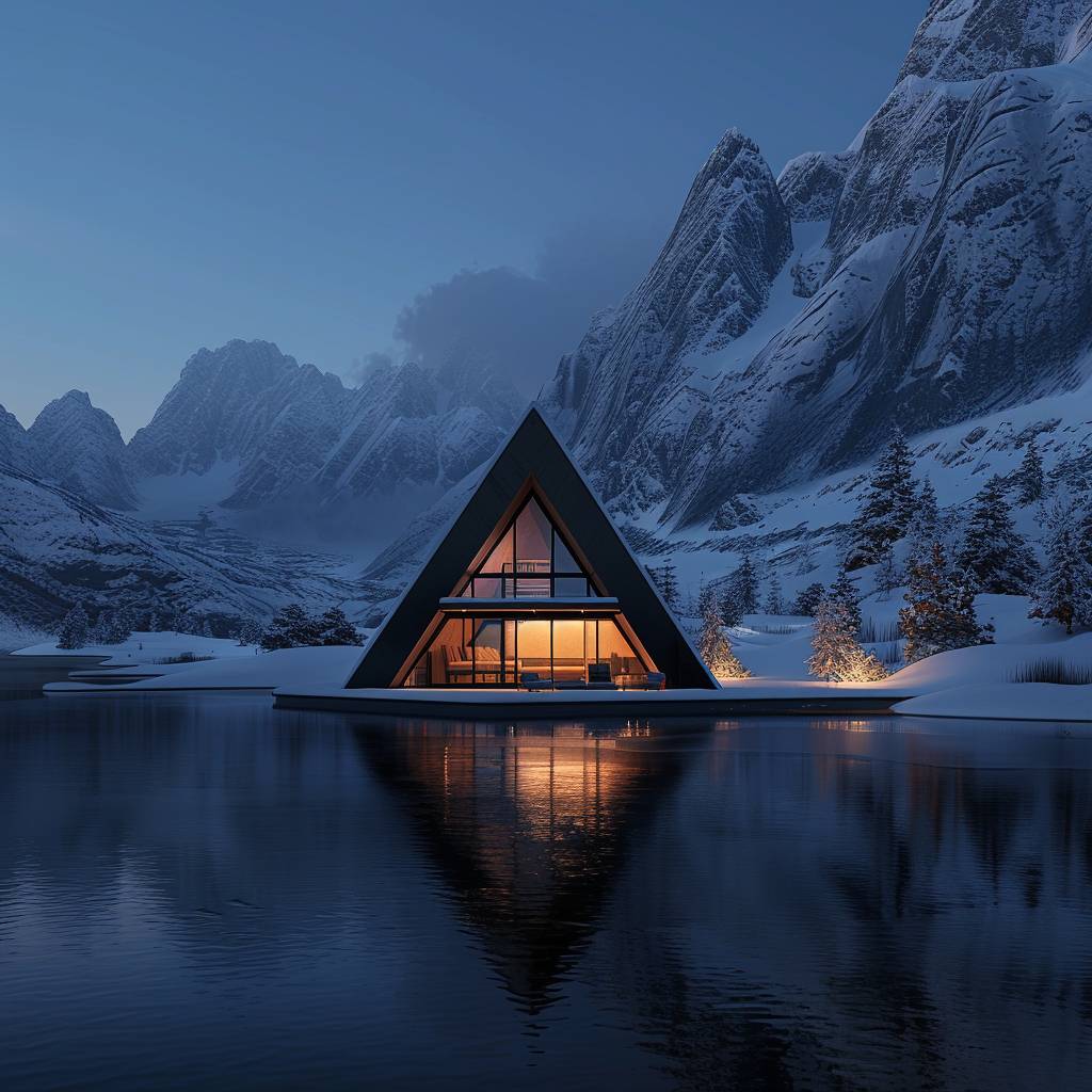 穏やかなシーンを想像してみてください。穏やかな、静かな湖のほとりに、暖かく光り輝く内部がある孤立した三角形の小屋がそびえ立っています。このシーンは冬の夕暮れの深い薄明かりの中に広がっており、周囲の景色は雪に覆われています。険しい、雪に覆われた山々が背景にそびえ立ち、小屋の孤立と静寂な美しさを引き立てています。夜空は深い青色であり、既に遅い時間であることを示しています。小屋の水面への反射は、冷たい環境の中で暖かさの対称的なイメージを創り出しています。