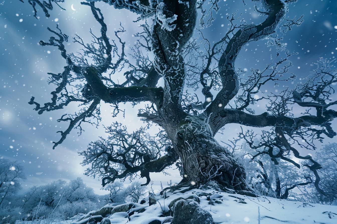 The ancient oak in 'Flickering Frost', frozen in time, captured by the moonlight white raw, untamed, and sapphire unyielding force of a cold, icy blizzard