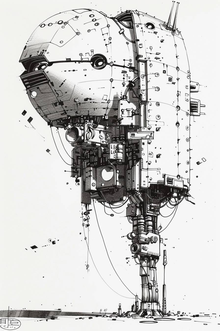 In style of Chris Foss, character, ink art, side view
