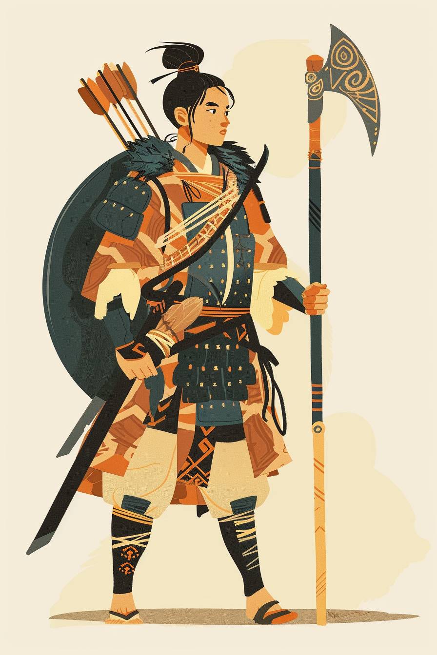 In style of Berthe Morisot, warrior character, full body, flat color illustration