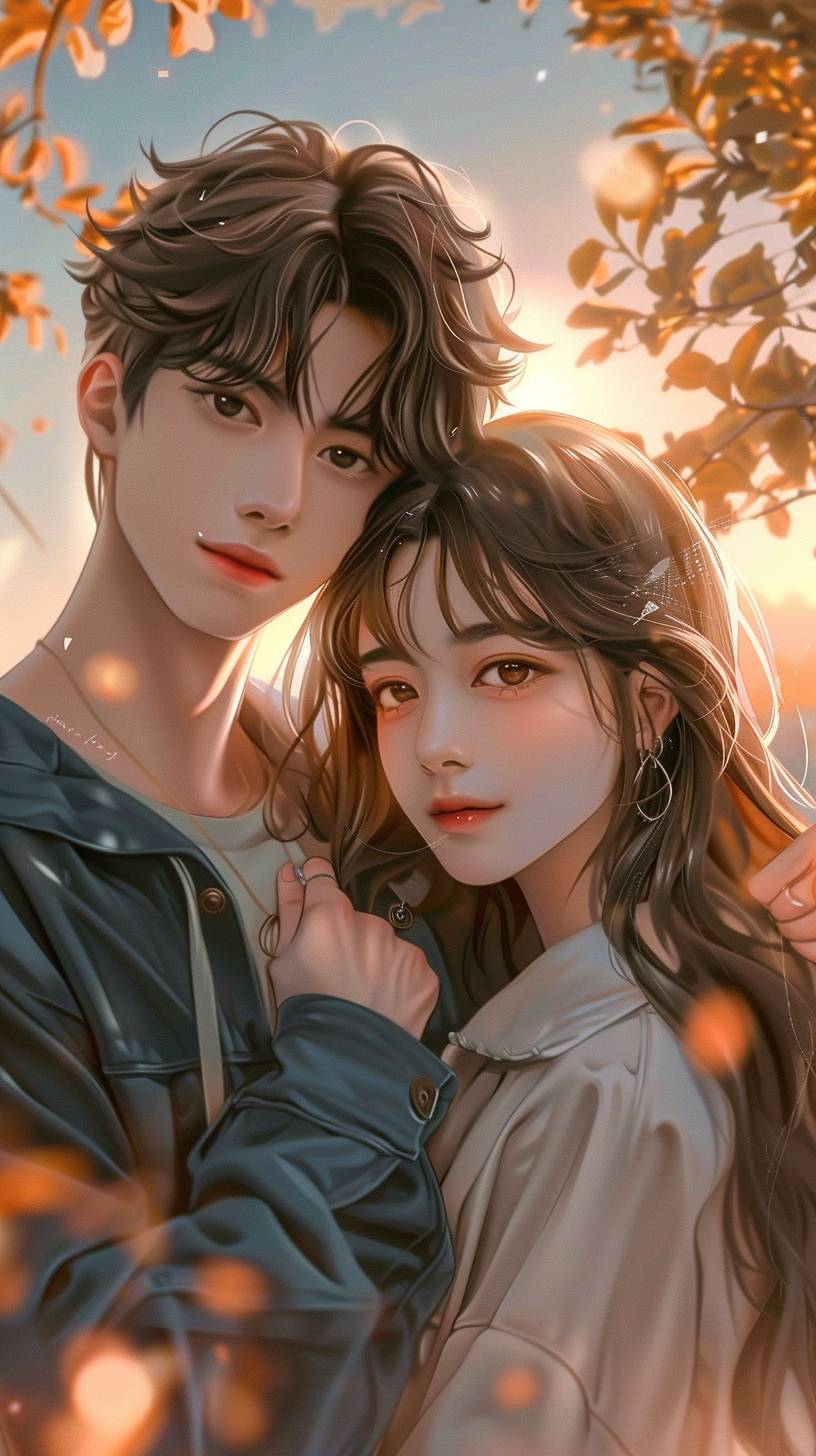 A lovely couple in anime style, hugging and standing in beautiful scenery. The girl has long brown hair and the guy has short hair. They are taking a couple selfie in a cute pose with cheeks together. It is a masterpiece with a romantic atmosphere and HD quality.