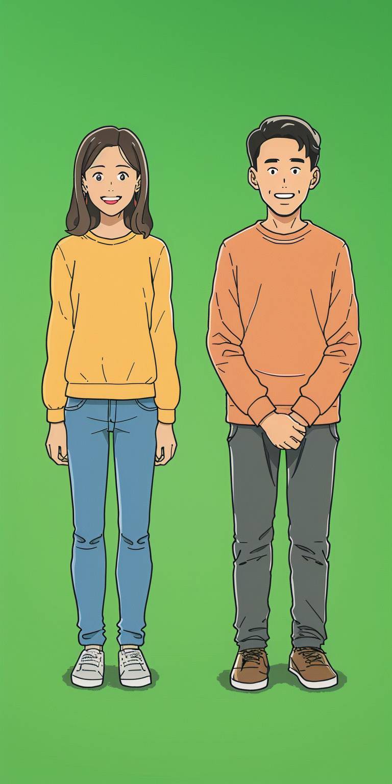 無効なアスペクト比：2.1（例：16：9とする必要あり）20代前半の日本の男性と女性のアバターが並んで微笑んでいます。背景はグリーンスクリーンです。 CGアニメーションのように描かれています。足から頭までの全身像--アスペクト比1：2--v 6.0