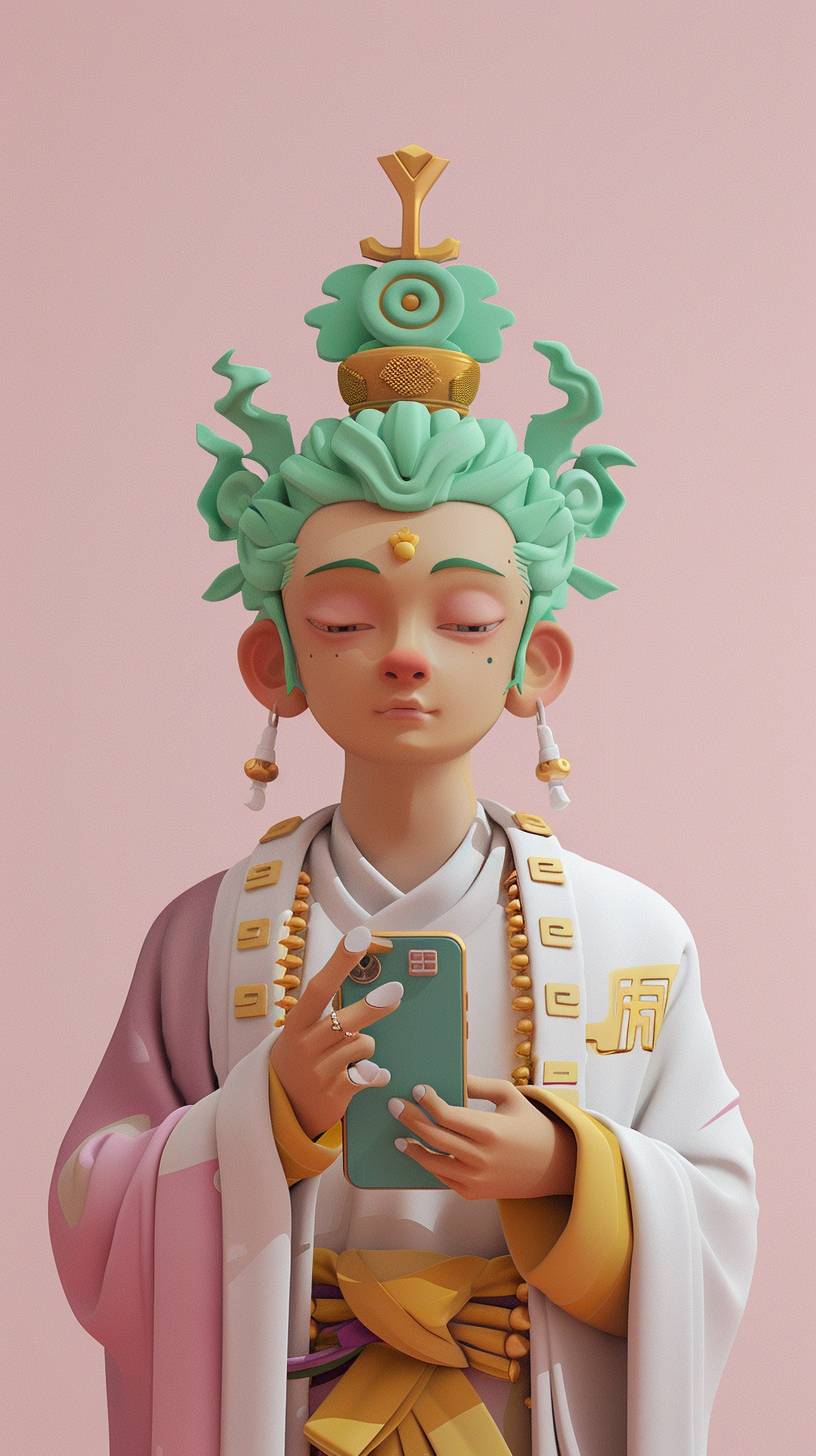 3D cartoon in the Chinese style, a colorful plastic film depicts Avalokitesvara Bodhisattva holding a phone with a calming expression on a pink background. Avalokitesvara has green hair with yellow accents, wearing a white top and light purple jacket against a bright solid color background in the style of Pixar animation, rendered in c4d.