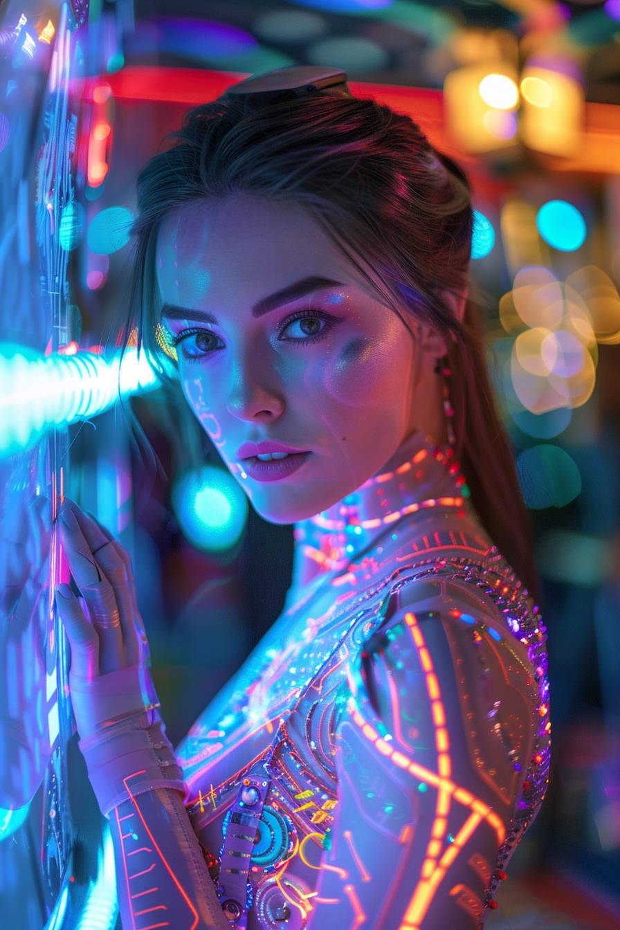 {"Description":"A full body image of a 28-year-old beautiful Italian woman facing the camera, wearing Futuristic Prints and Patterns inspired by tech, space, and digital art with vibrant colors and geometric motifs. She is in a futuristic nightclub with glimmering ethereal skin and glow-in-the-dark makeup that blends seamlessly with reality. With highly detailed facial features, the image is captured in a cinematic shot. There are no children, males, or pregnant women involved, with an aspect ratio of 2:3, and it is a raw style shot with a system version of 6.0."}