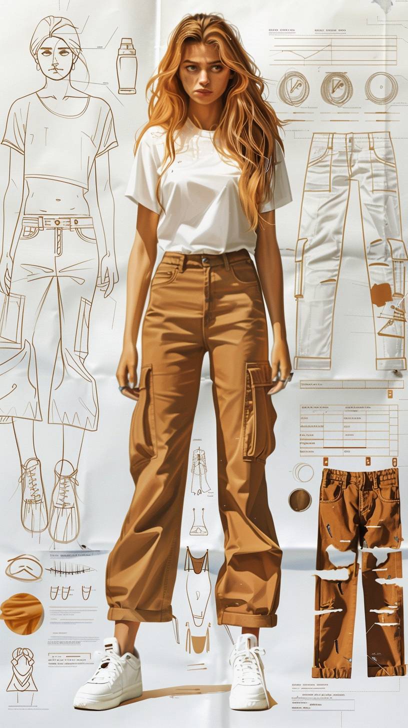 Costume design drawing, a girl, on a white background, wearing a white T-shirt, brown wide-leg pants, white shoes. The picture includes a disassembled model's costume without parameter information such as --ar 9:16 --stylize 250 --v 6.0.