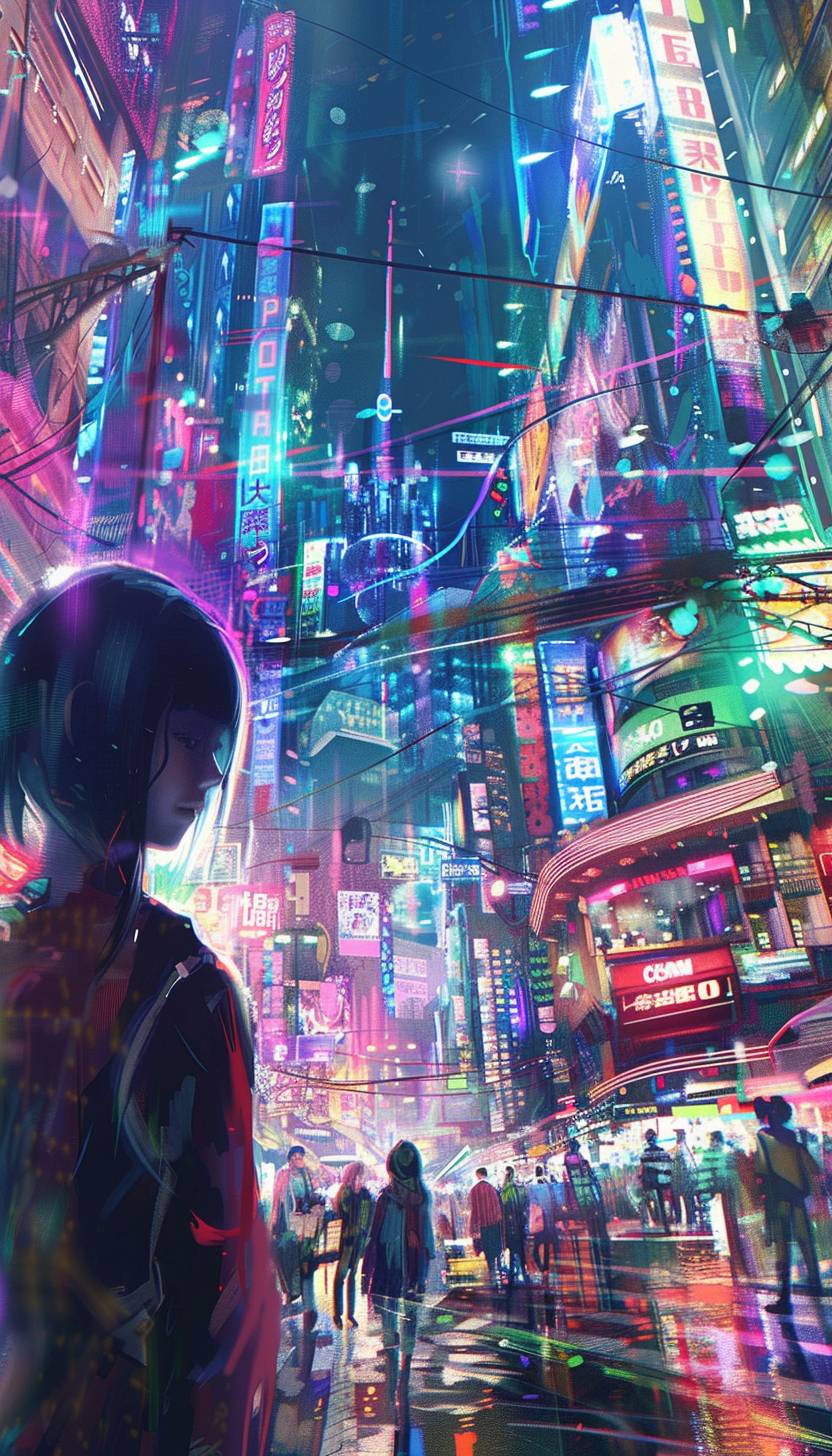 In the style of Anna Dittmann, Cybernetic metropolis bustling with neon lights --ar 4:7  --v 6.0