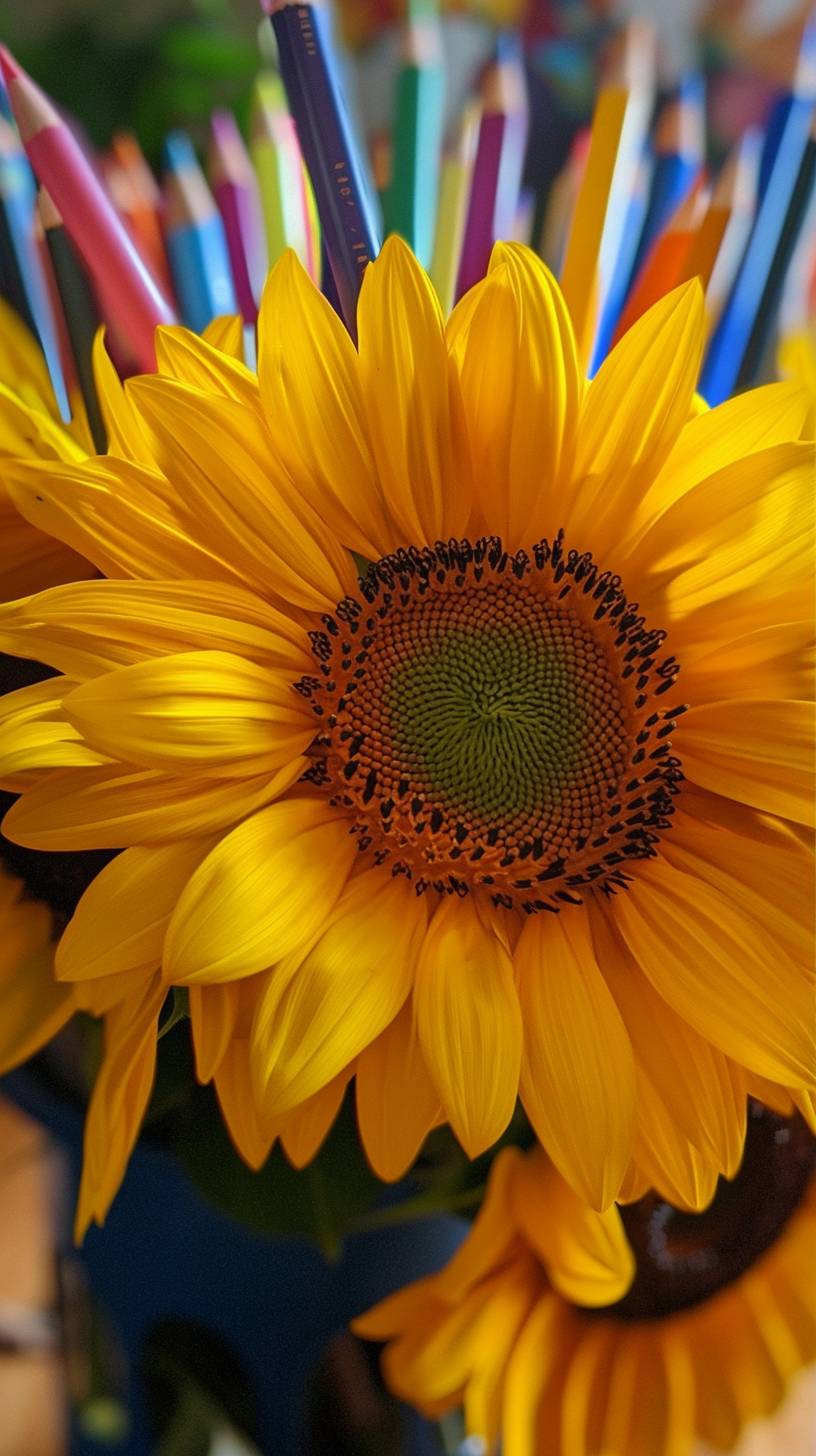 Yellow low angle shot of high sunflowers, colored pencils, crayons, rich colour, yellow