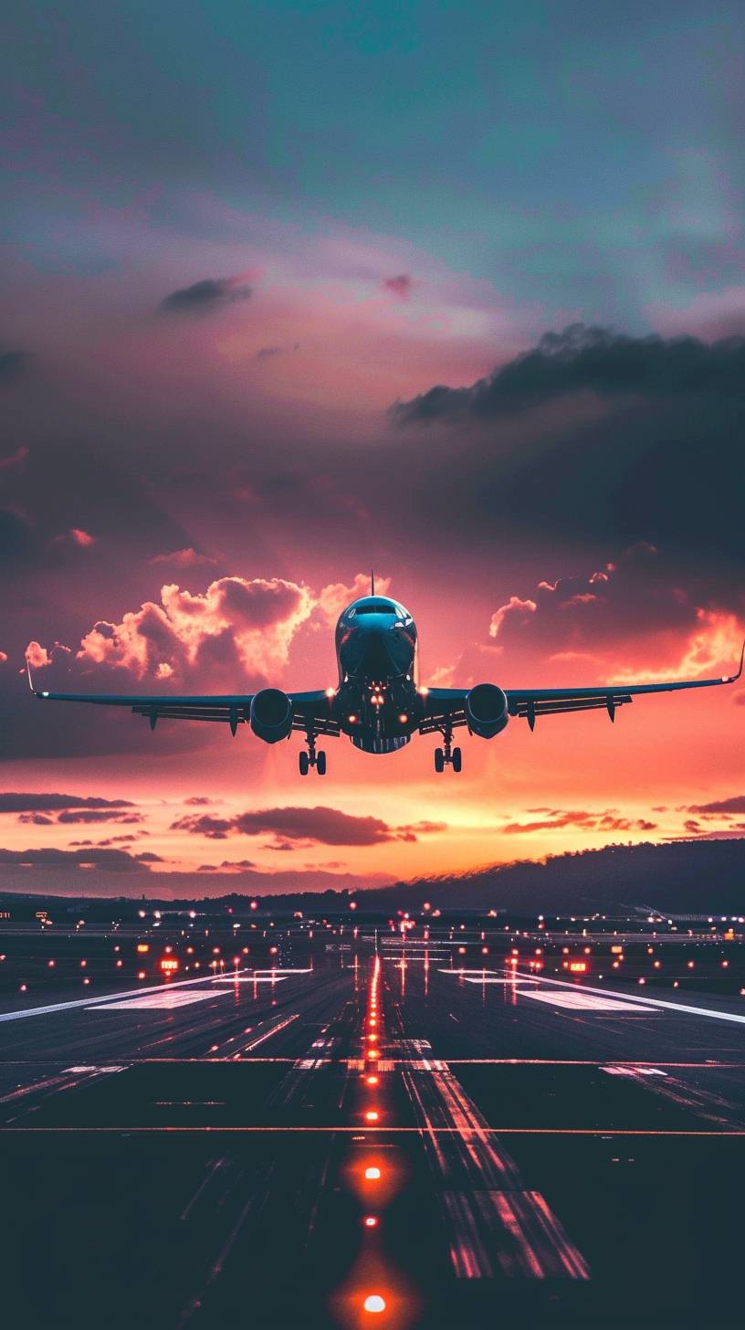 トロピカルまたはフロリダの空港で夕焼け時に着陸する飛行機をフロントビューで表現した、非常にクールな航空テーマの携帯電話のホームスクリーンの背景写真です。ほとんど晴れた空です。