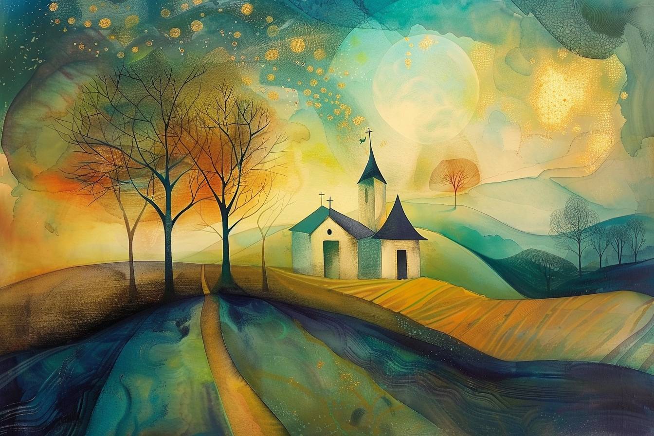 In style of Amanda Clark, stunning natural landscape, church --ar 3:2  --v 6.0