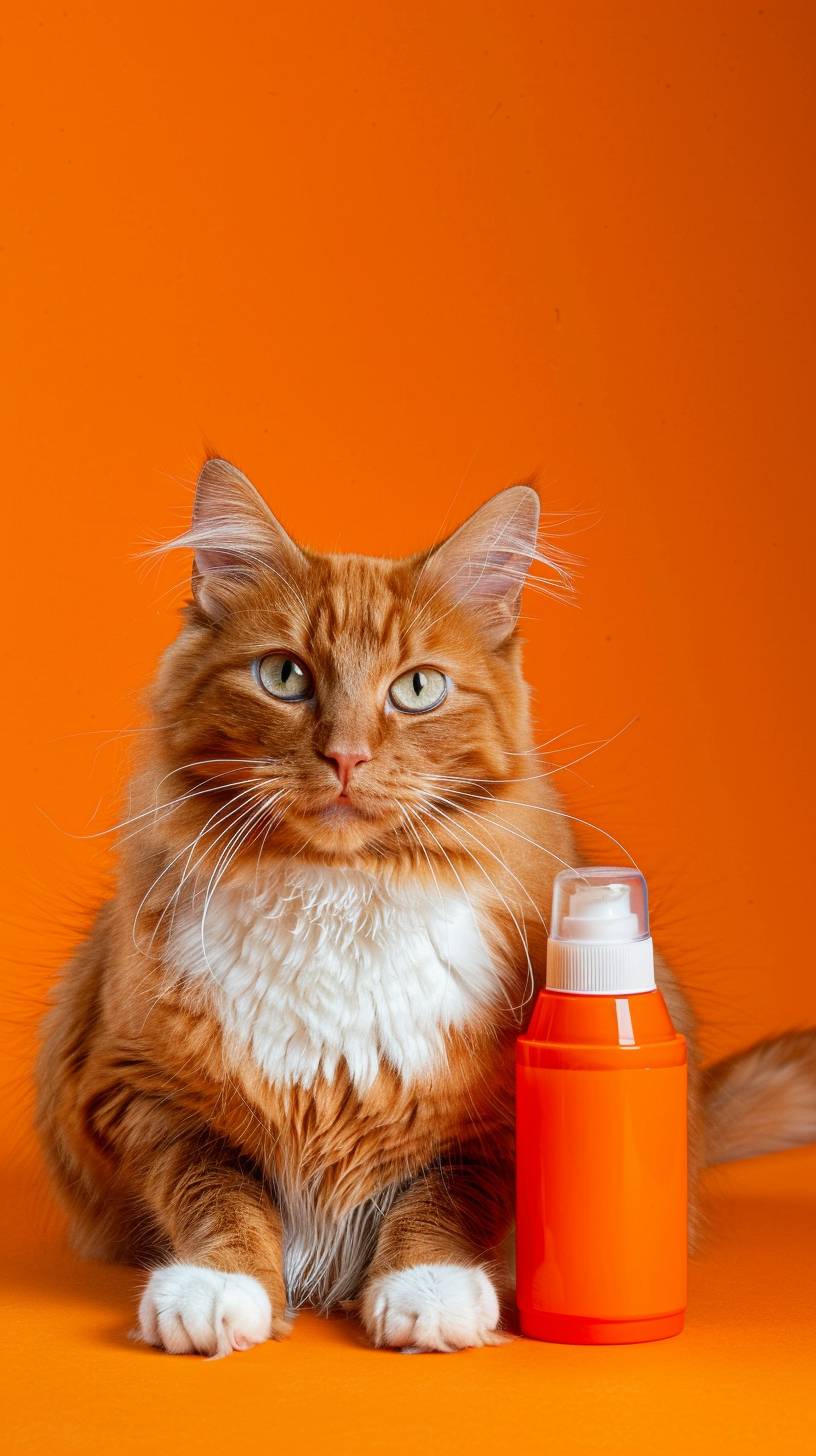 A solid orange cat with white paws and white nose, an opened bottle of sunscreen in front of him