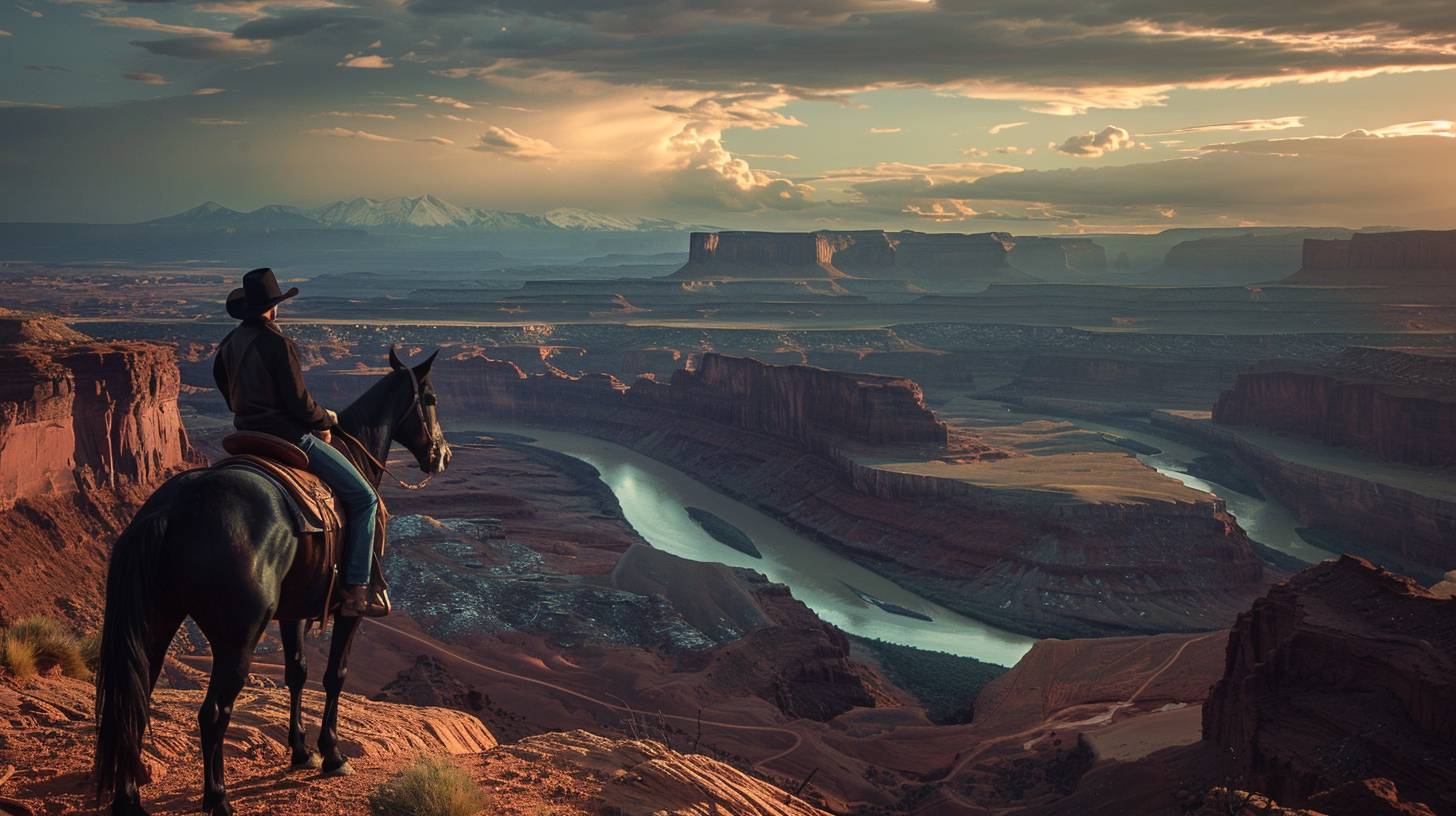 Cowboy on a horse, looking out over a canyon. Stetson hat. Leather gloves. American Southwest. Sunset. Red rock formations, a river snaking through the canyon. Wide shot, full body. Dramatic lighting, long shadows stretching across the landscape. Cinematic look.