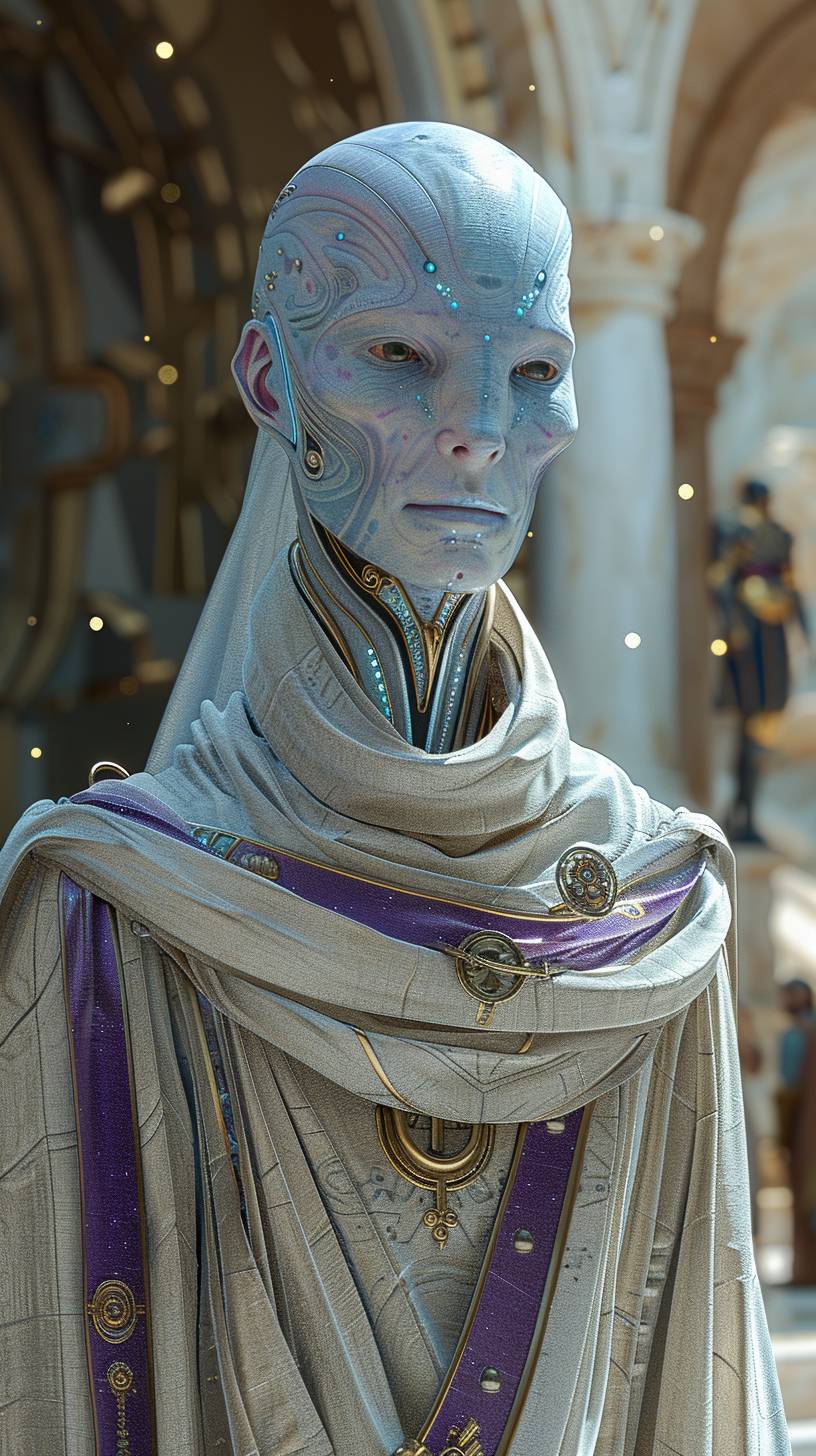 A light blue humanoid with soft skin and no ears, dressed in an elegant light gray and purple toga. He has large light almond eyes that shine softly against his pale complexion. His bald head with a stylized body and high neck. The background shows stars in space. In a cartoon realism style.
