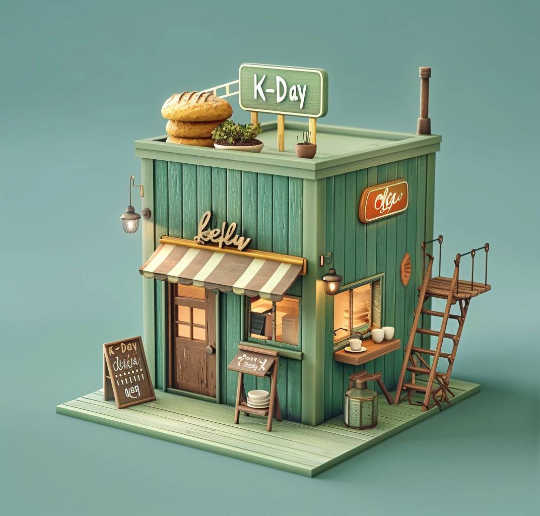 3D model of a cute coffee shop building made from green wood, with bread and a cup of coffee on the roof, a wooden ladder leaning against the side wall to reach the second floor, a sign saying 'K-Day' on the top left corner, cartoon style, isometric view, paper cut craft, paper texture, simple background, studio light, Octane render