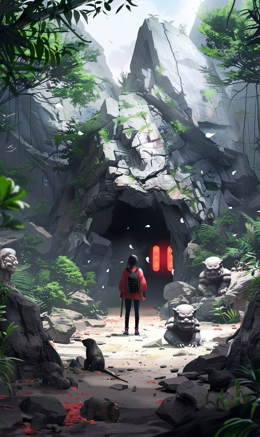 密林の奥深くにある古代の隠れた神殿を発見する神秘な探検家、輝く文字と神話の生き物が入口を守っている