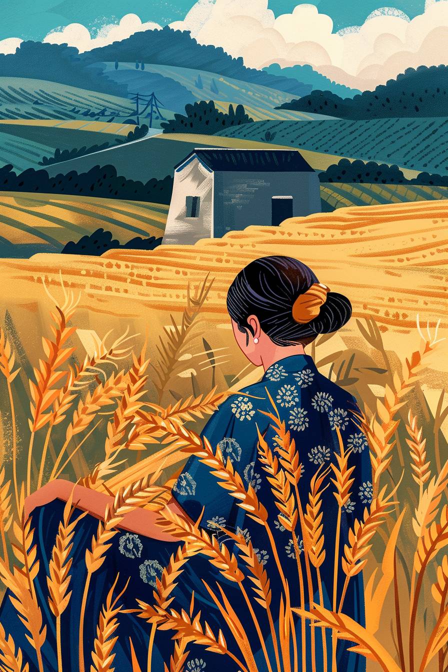 Minimalist magazine cover. traditional anatolian pattern tiled illustration in the style of the new yorker magazine. Beside a huge wheat storage, a Rural middle-aged woman holds wheat grains in her hands, feeling helpless and lonely. Luo Zhongli