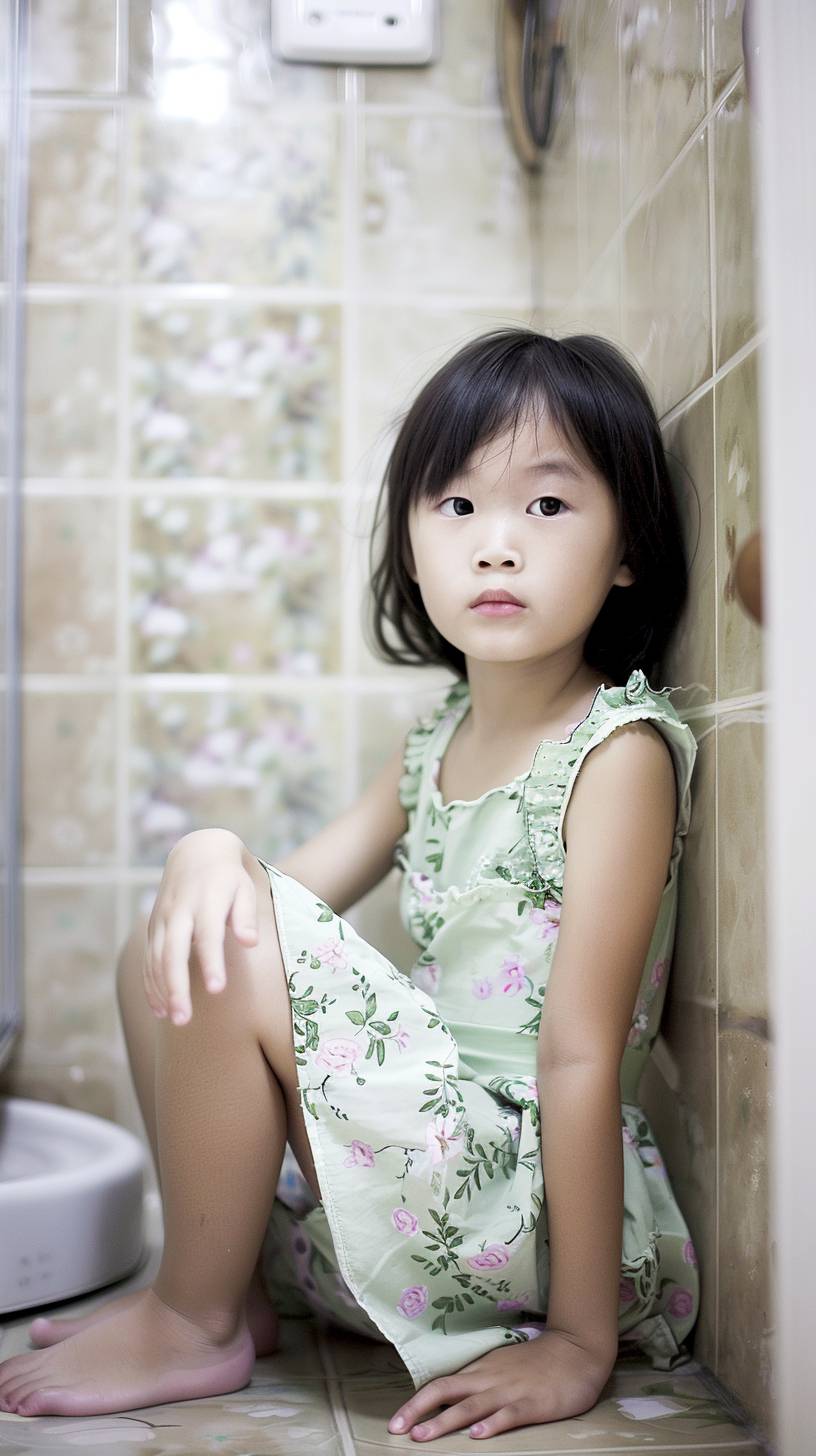 A Chinese girl portrait sitting in the bathroom. Shot by Canon 5D