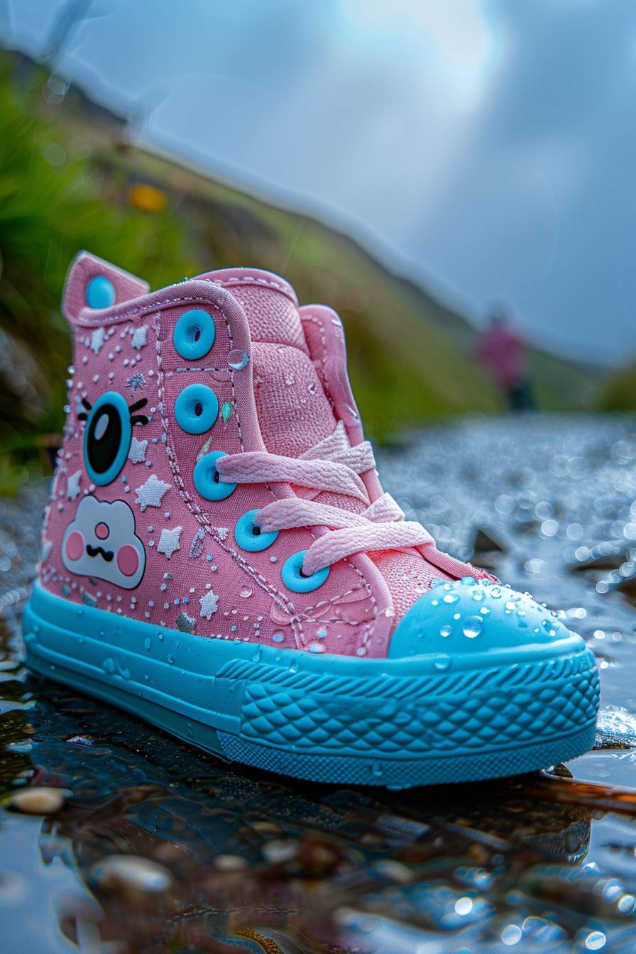 a cute baby pink walking shoe with a cute face, chibi face, manga face, turquoise eyes