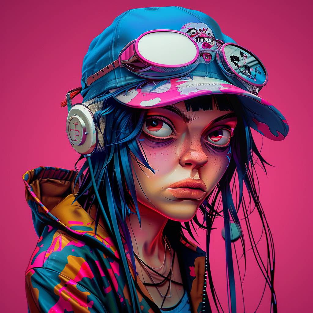 Editorial portrait of [name] in the style of Gorillaz illustration, vivid colors, dynamic composition. Detailed hyper realistic outfit, pop culture, gadgetpunk.