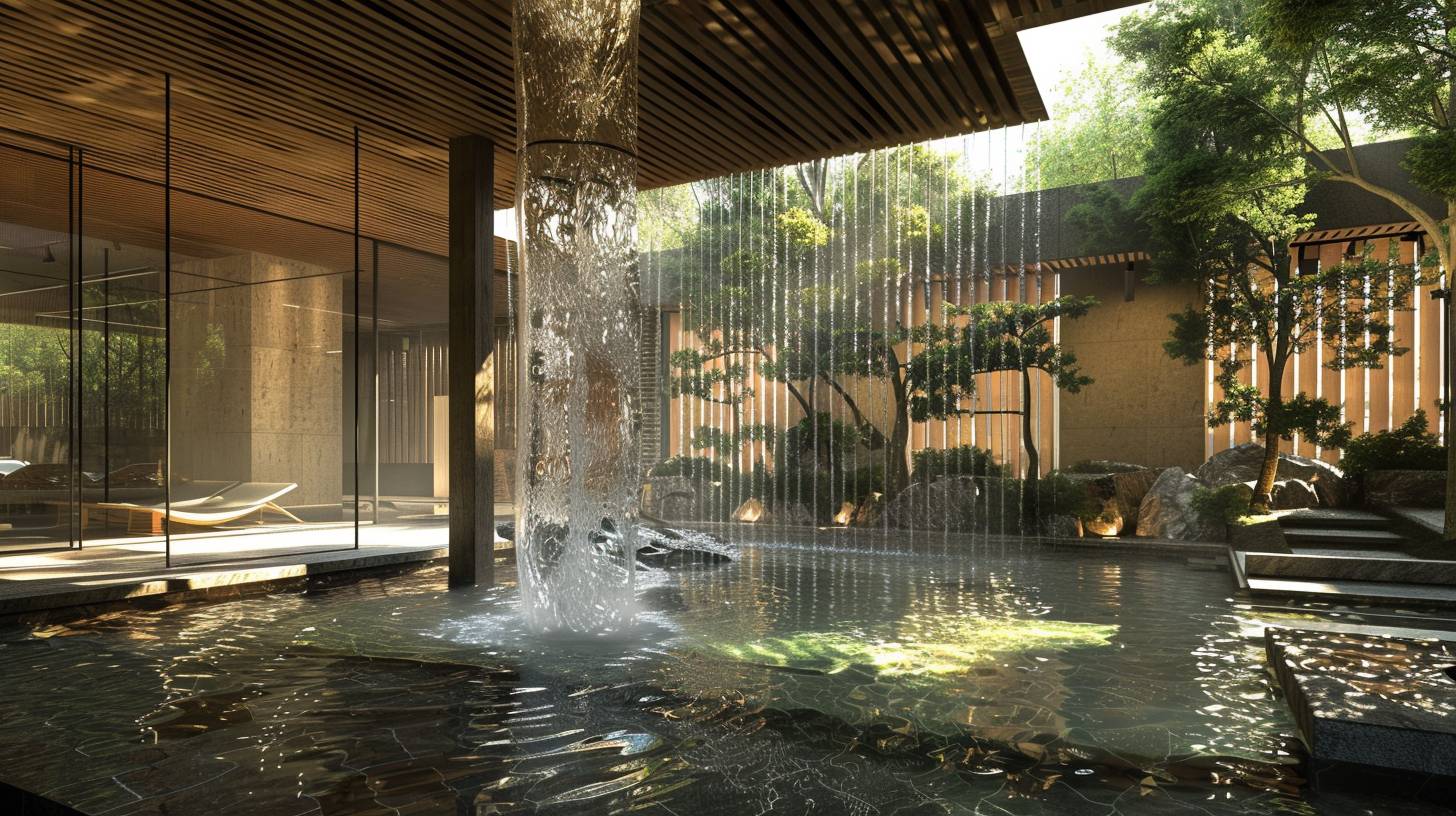 Large interior by Kengo Kuma, harmonious blend of natural elements and modern design, an eco-friendly structure, pools and falling water