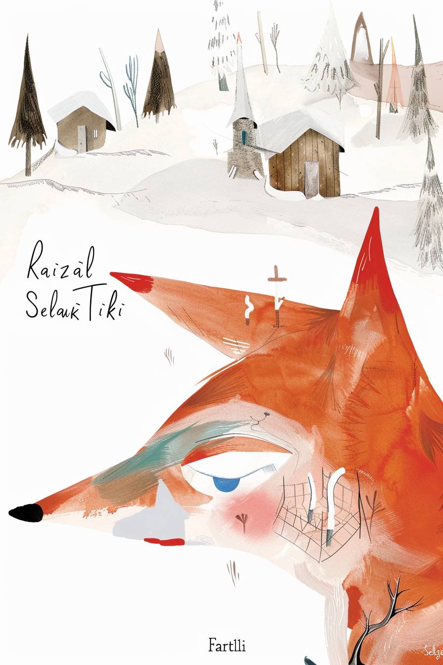 大きな文字で「Kızıl Tilki」と題された物語の表紙イラスト。タイトルは赤いキツネの鮮やかな赤色で描かれています。イラストはJon KlassenとOliver Jeffersの協力スタイルで、有機的な形態と薄くて空気のようなパステルカラーパレットが特徴です。背景は白色で、雪の降る村と森の要素が描かれ、物語の舞台を反映しています。表紙には著者の名前「Selçuk Fartlı」が記されています。柔らかく自然な照明が、優しい魅力的な雰囲気を作り出しています。