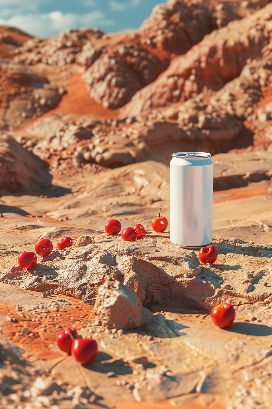 A white soda can mockup on a big crater from Mars, cherries, toy-like proportions, pale background