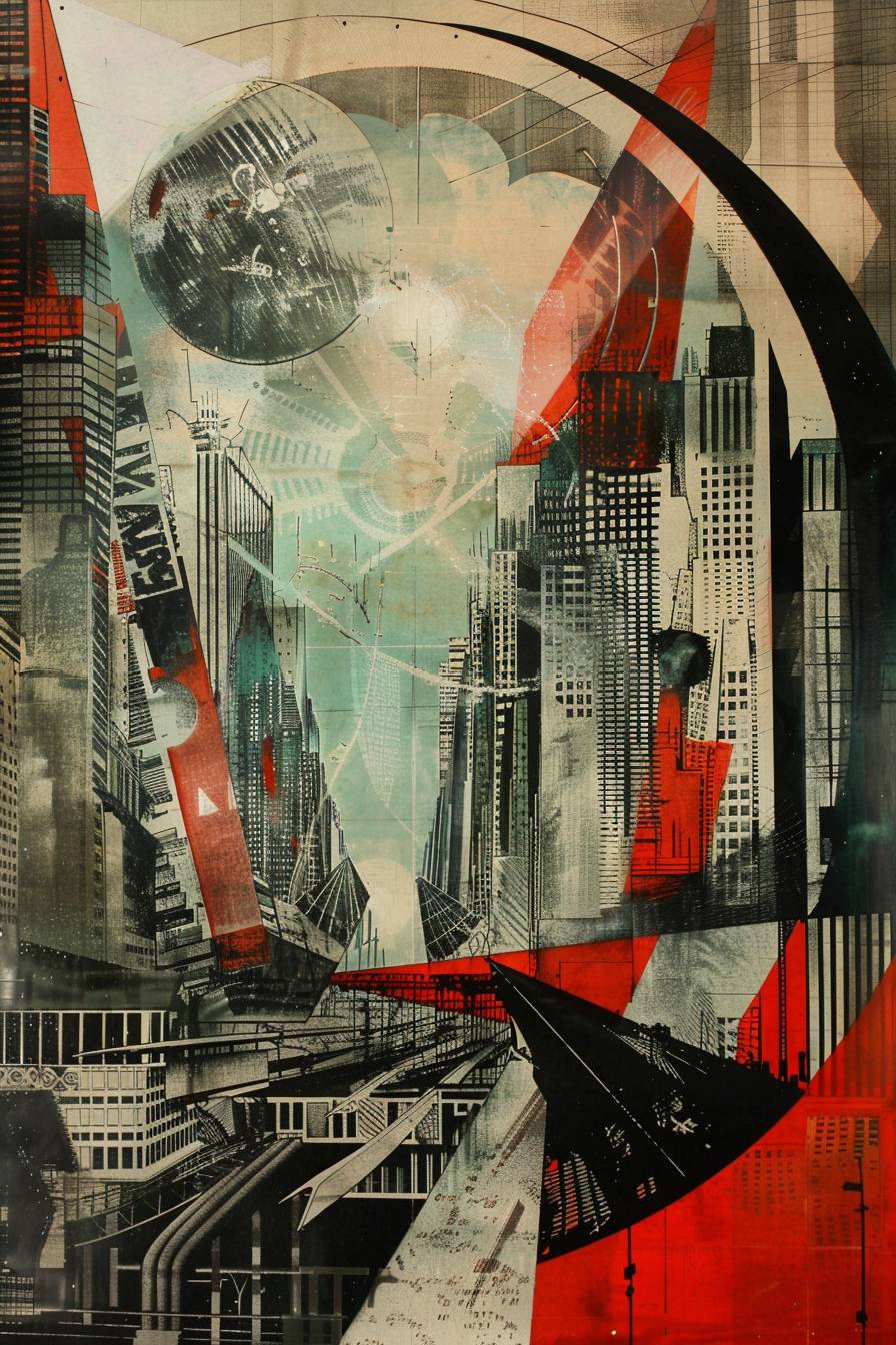 In style of El Lissitzky, Mechanical marvels of a futuristic metropolis --ar 2:3 --v 6.0