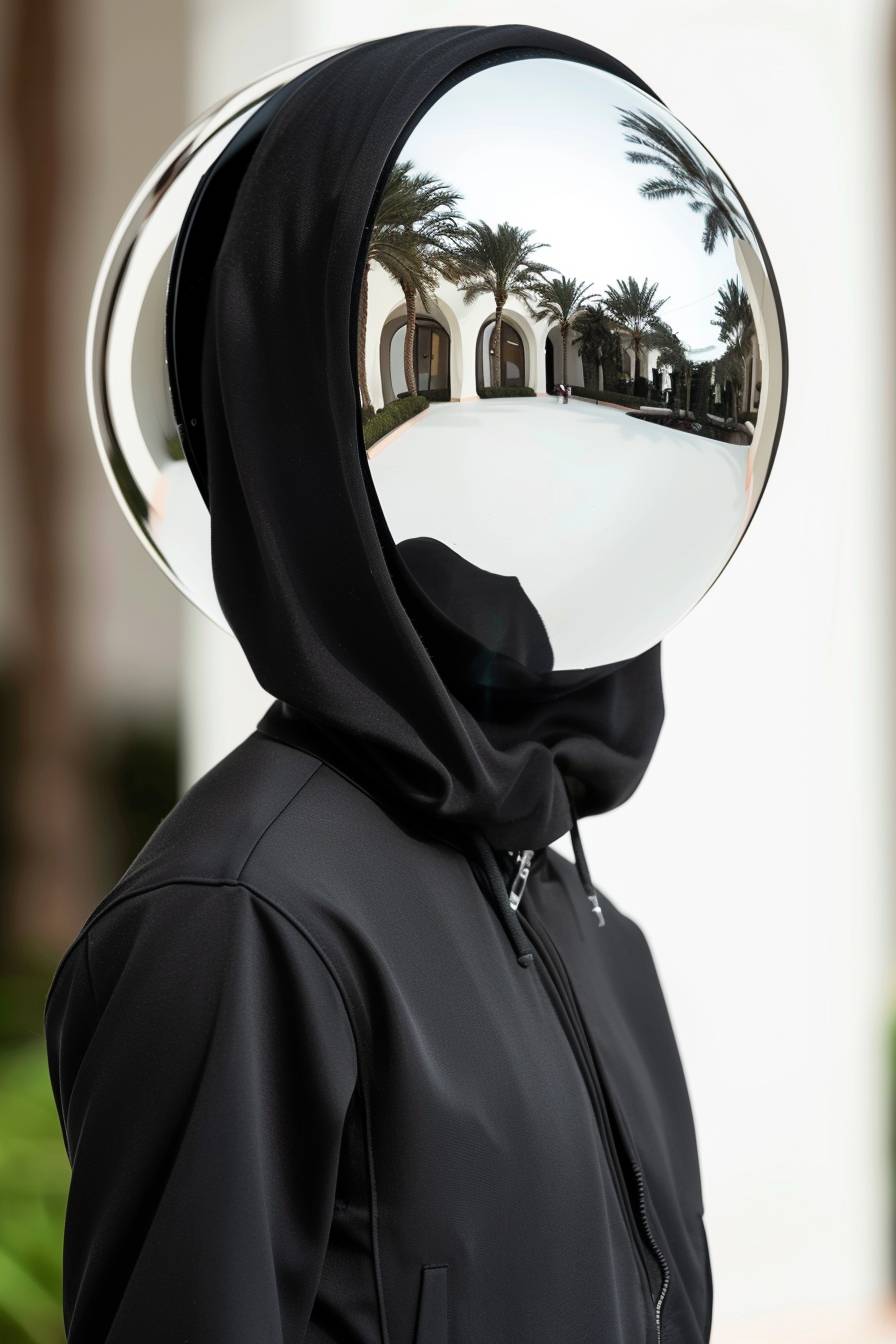 A man wearing black street clothes and his head covered by a drop made of reflective chrome, futuristic specular reflections, white background, dusk time in the desert, soft lighting, ultra photo realistic, captured on 35mm film.
