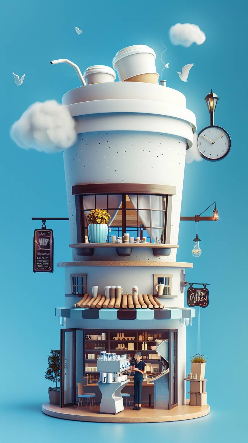 A paper cup-shaped building with a two-story coffee shop, a coffee machine on a workbench, and a busy clerk. C4D modeling, UHD, high detail, high quality, white and blue background --ar 9:16  --v 6.0