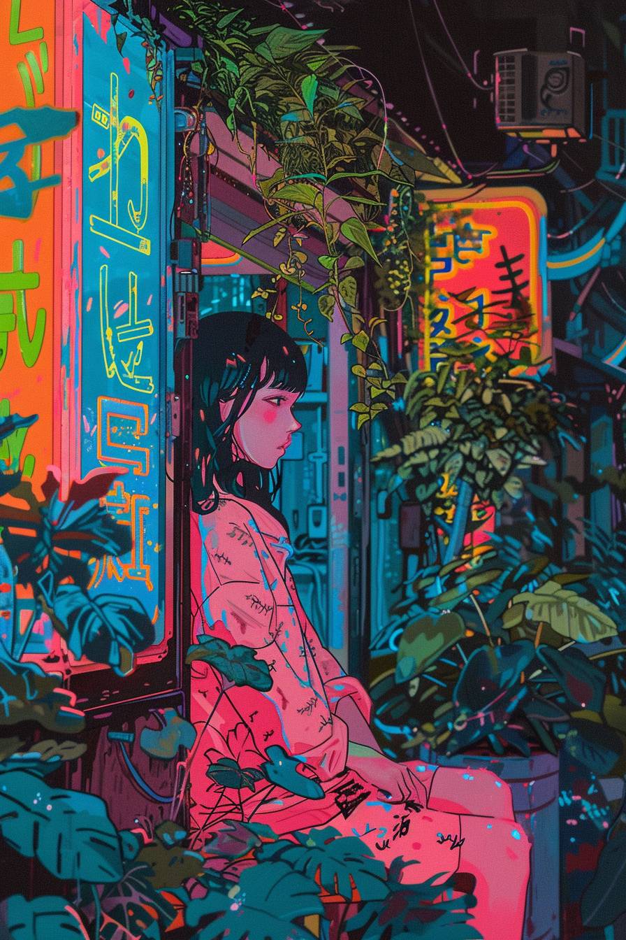 Neon signs, Akira style, detailed line art, fine details, full background, manga, cell shading, pastel colors, Nana Komatsu face, anime, woman, full figure, full body, neon colors, bright colors, vibrant colors, pastel colors, plants, plants everywhere, leaves everywhere, indoor plants.