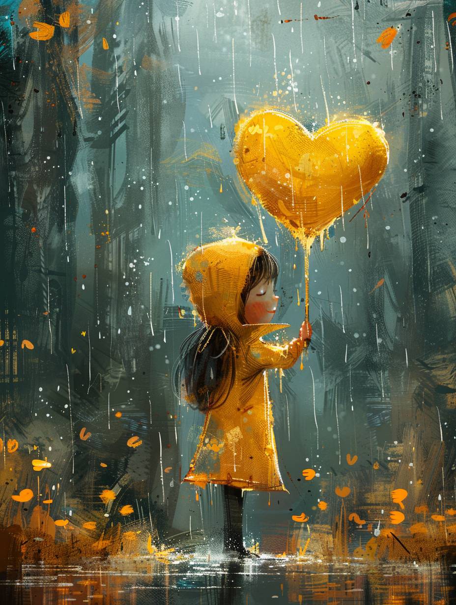 雨の日に湿った心、女の子のキャラクターが登場する雨のシーン、カートゥーンキャラクタースタイル