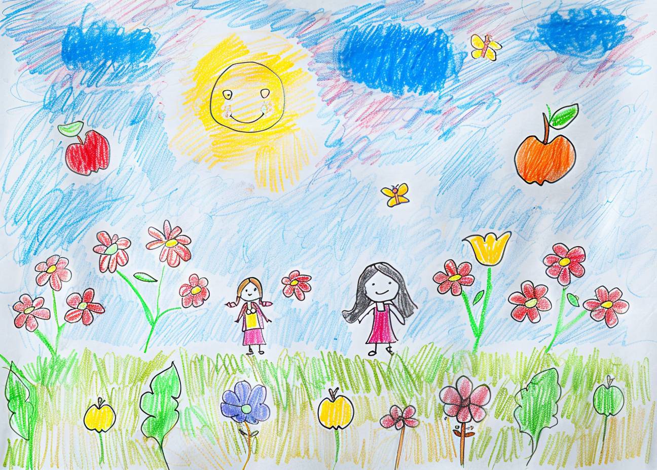 太った子供が手作りで色鉛筆で白い紙に描いた単純な原始アートのスタイルの中に魔法の空と多くの花や蝶があり、子供の本向けの魔法のイメージです。背景は空の色、簡単な線で影がないカートゥーンの可愛らしさがあり、彼らの後ろにはリンゴの木があります。