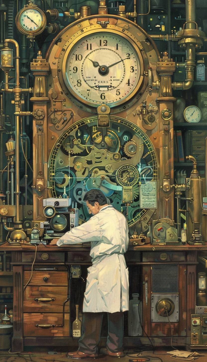 Time-traveling scientist in a laboratory in the style of Koson Ohara