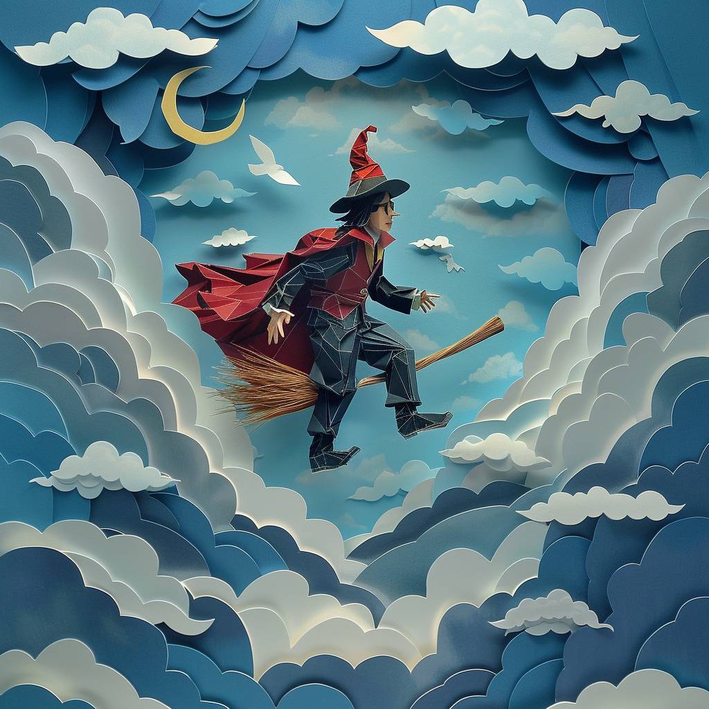Harry Potter on broomstick in the sky, layered paper craft, paper art, diorama