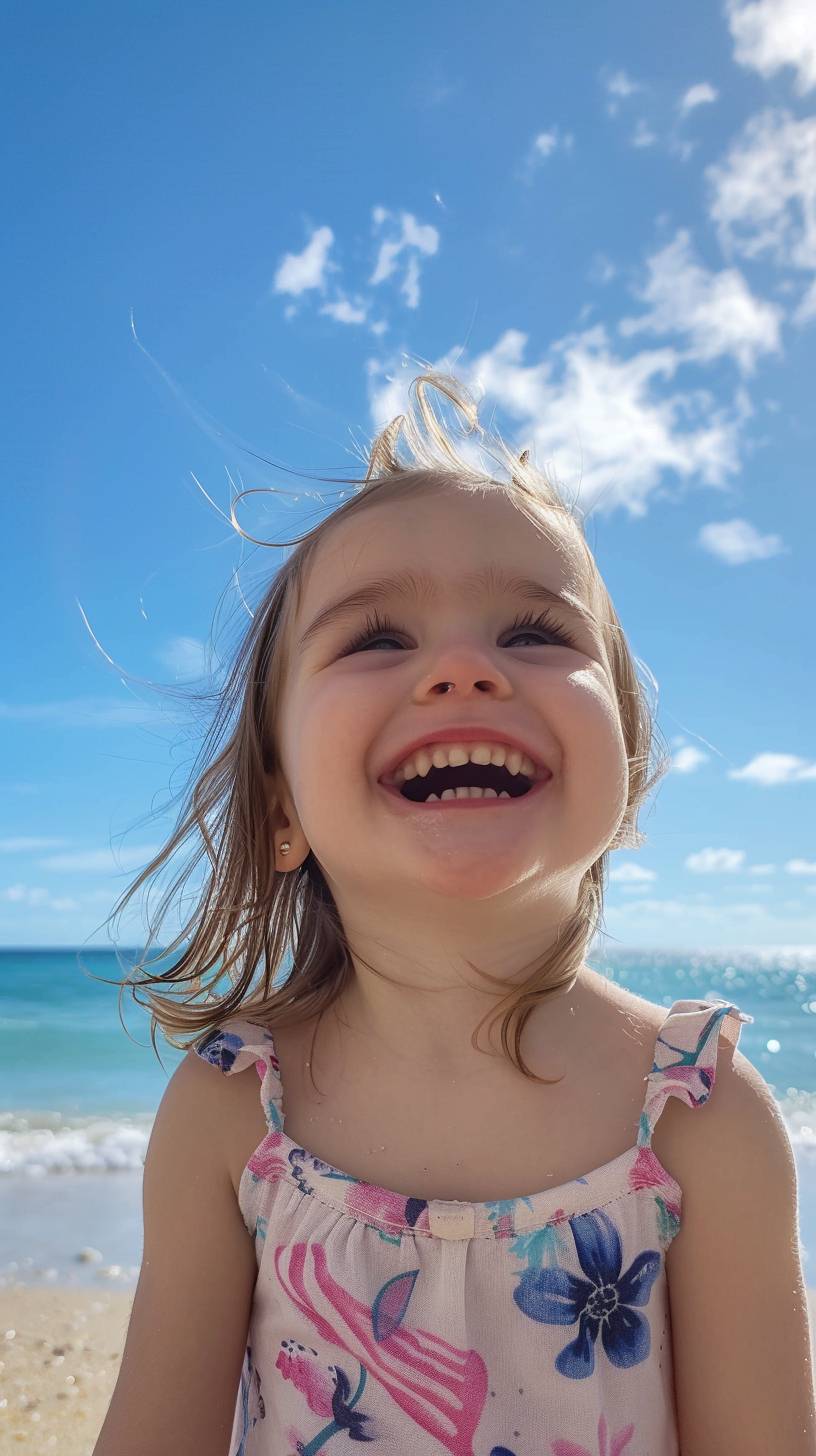 砂浜で遊ぶ3歳の女の子が笑顔で幸せそうです。背景は青い空で、高画質4K、縦9：16、音声6.0です。