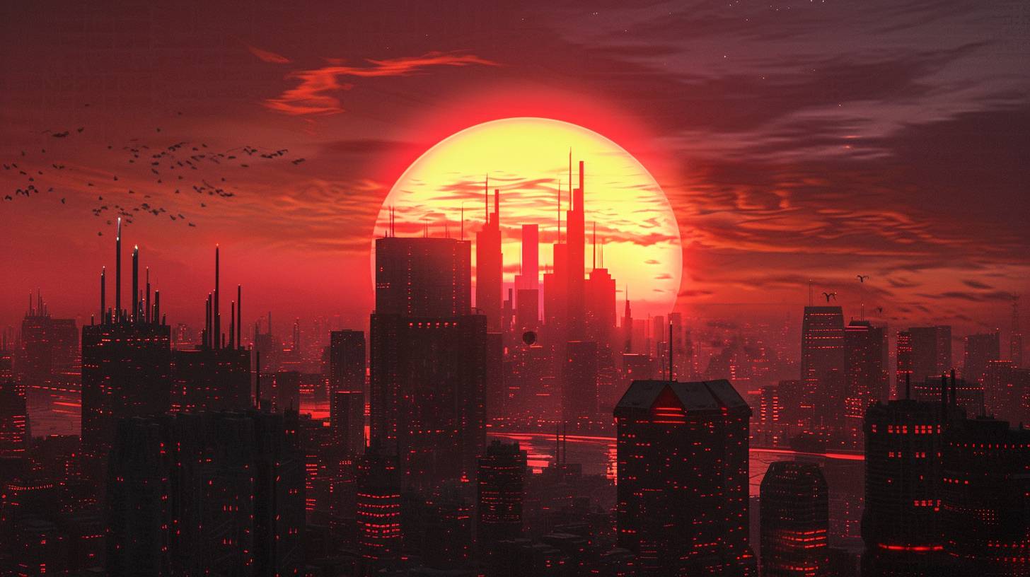 A fiery, pulsating sun dips below the horizon, casting a vibrant crimson glow over a futuristic cityscape, its sleek, metallic structures reflecting the fading light