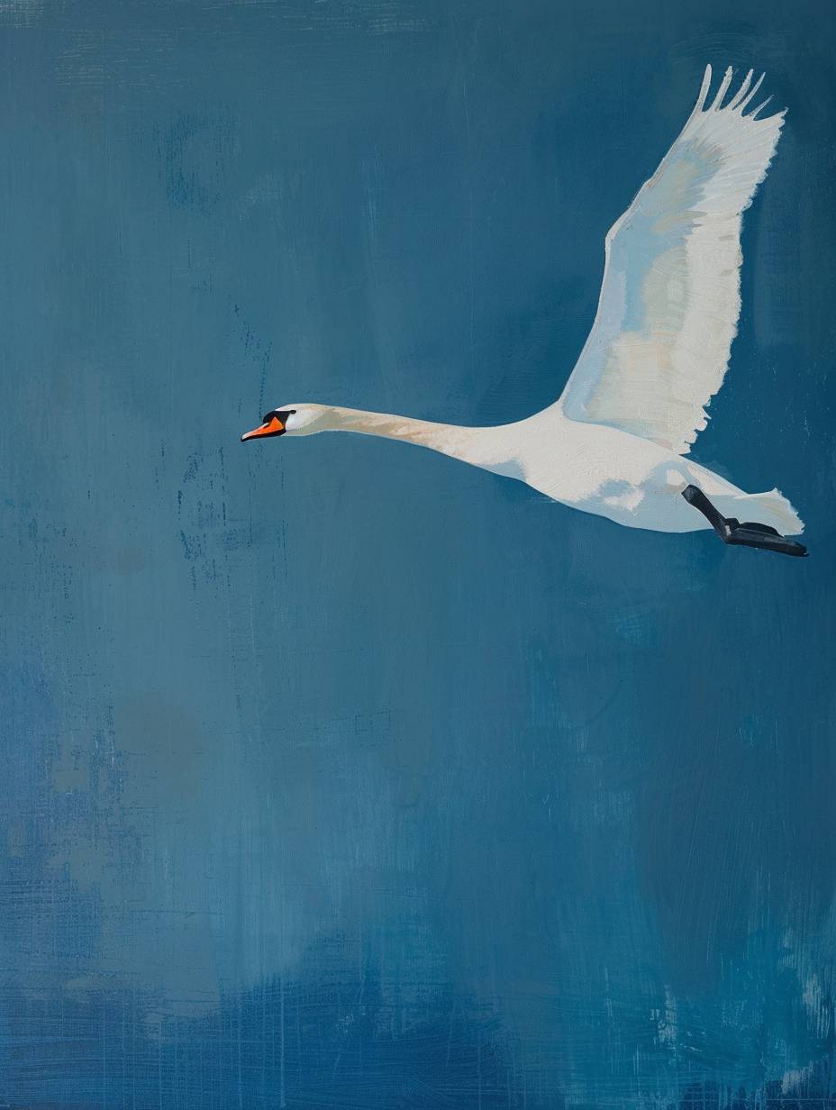 The white swan in flight, 20x20, fine art print, in the style of Raimonds Staprans, hanging scroll, Liu Ye, navy, naturalistic animal paintings, Barbara Stauffacher Solomon, asymmetrical balance